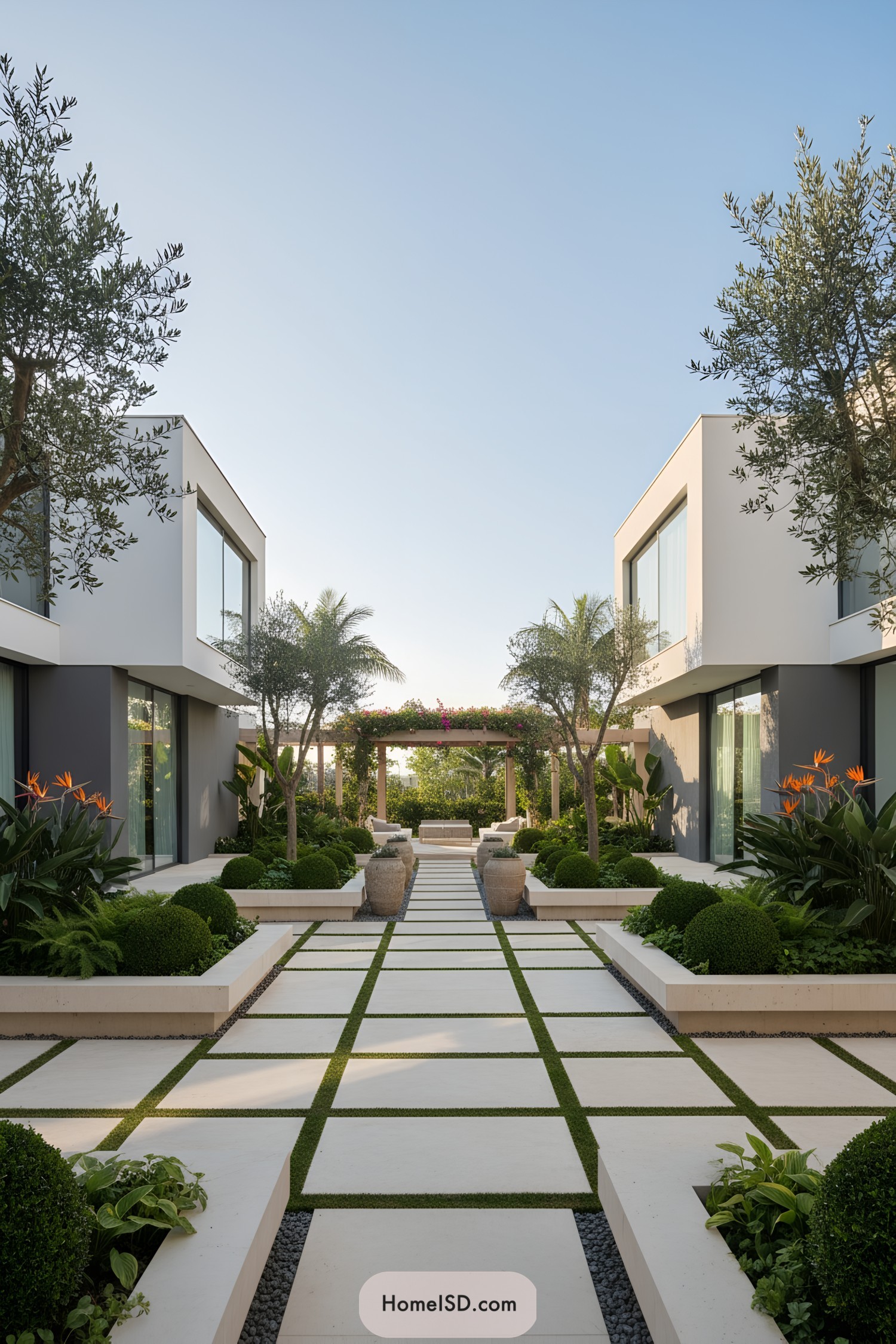 Modern villa courtyard with grid pavers, lush greenery, and pergola seating