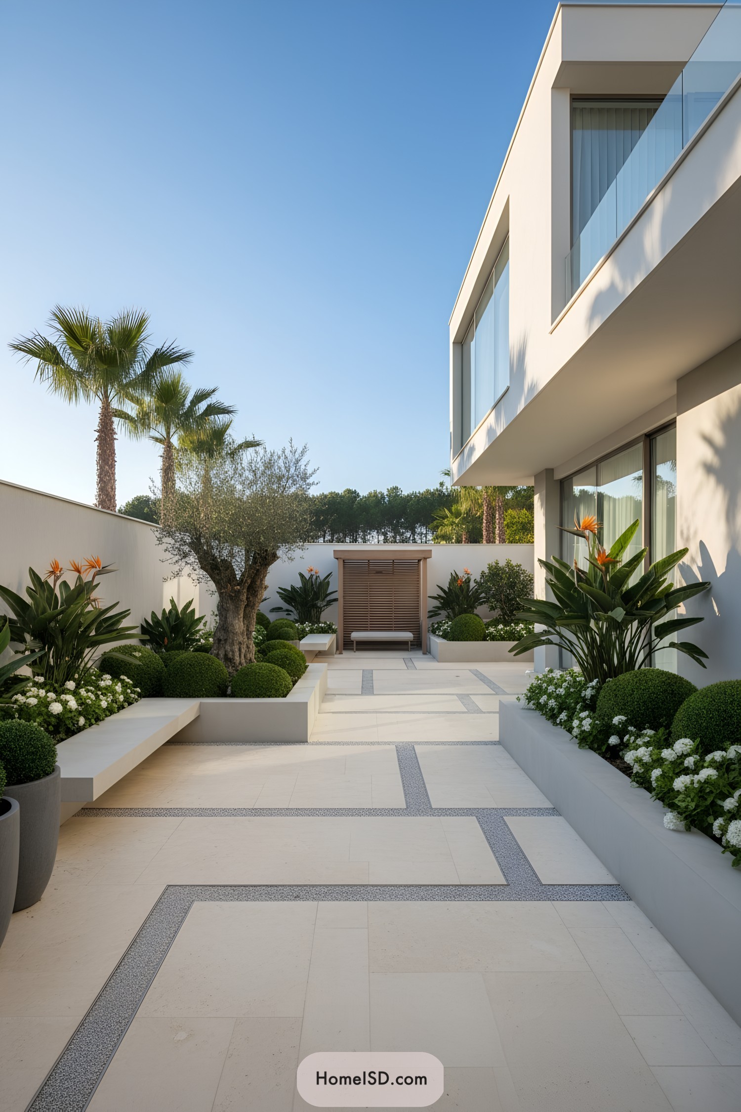 Minimalist villa courtyard with pale stone paving, geometric pebble inlays, and manicured shrubs