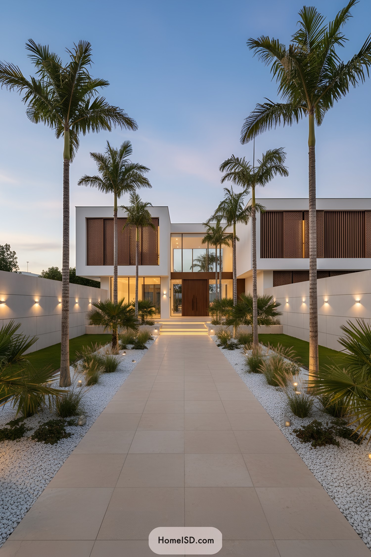 Modern villa entry with palm-lined walkway and warm lighting