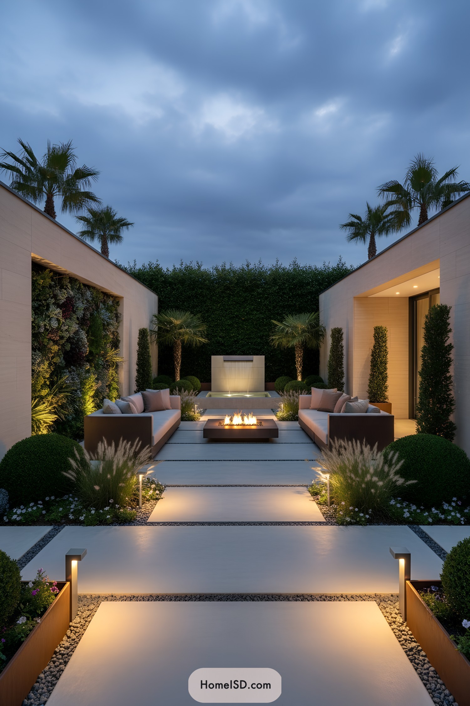 Modern courtyard with fire pit, water feature, and layered hedges