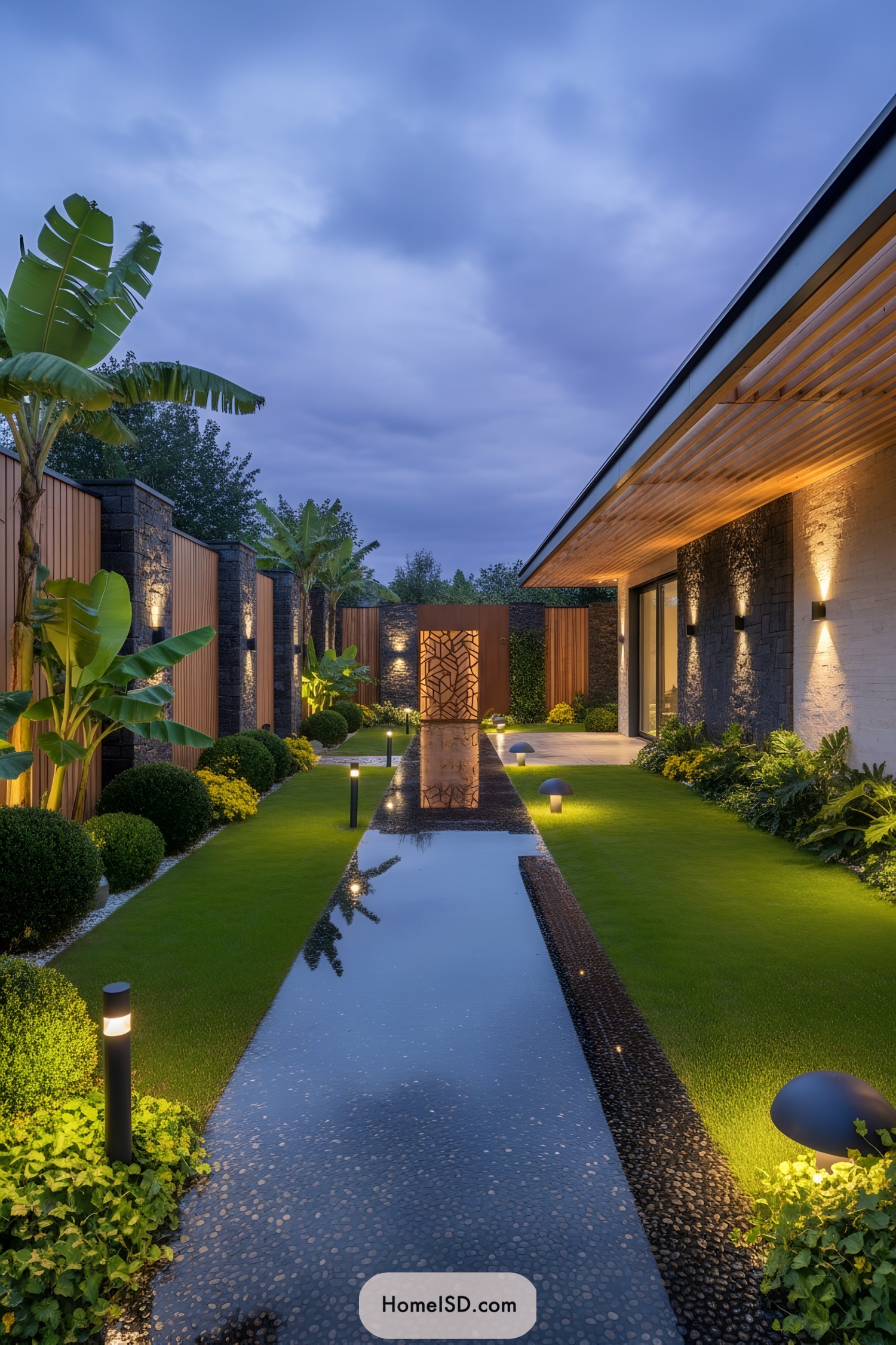 Long reflecting pool flanked by lit lawn and tropical plantings