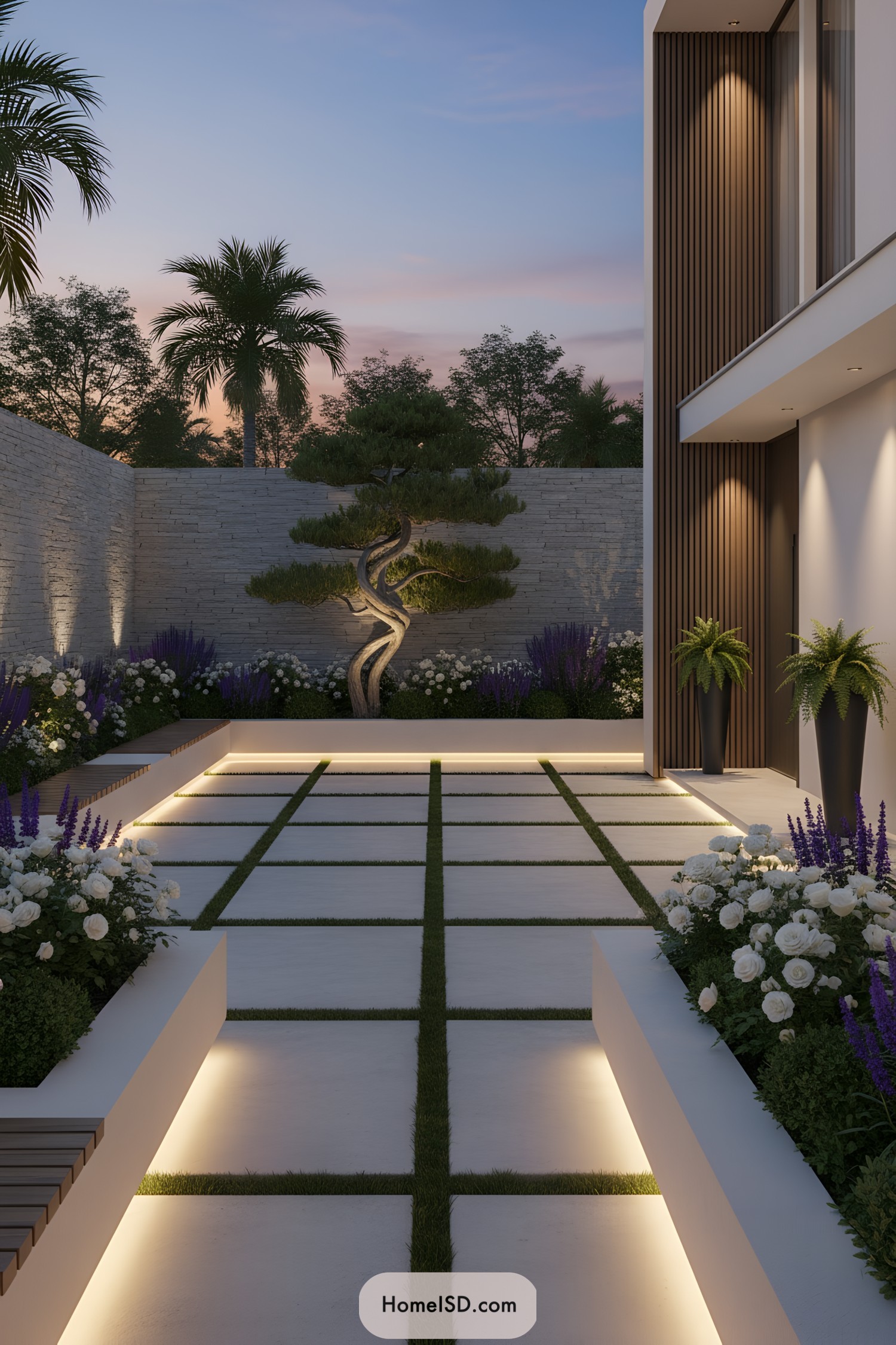 Minimalist courtyard with glowing paver grid and sculptural tree