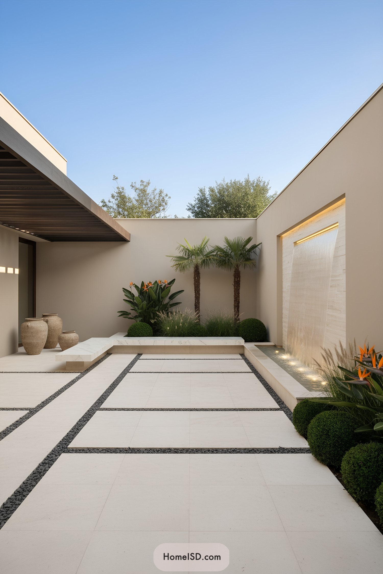 Minimalist courtyard with tiled grid and waterfall