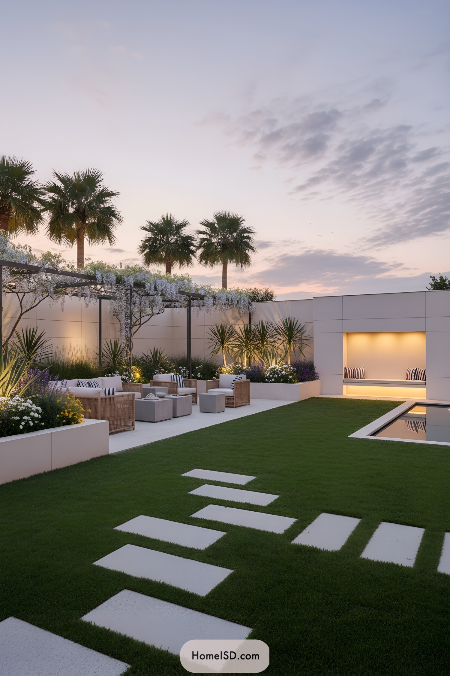 Modern villa courtyard with pergola lounge, palms, and linear pool at dusk