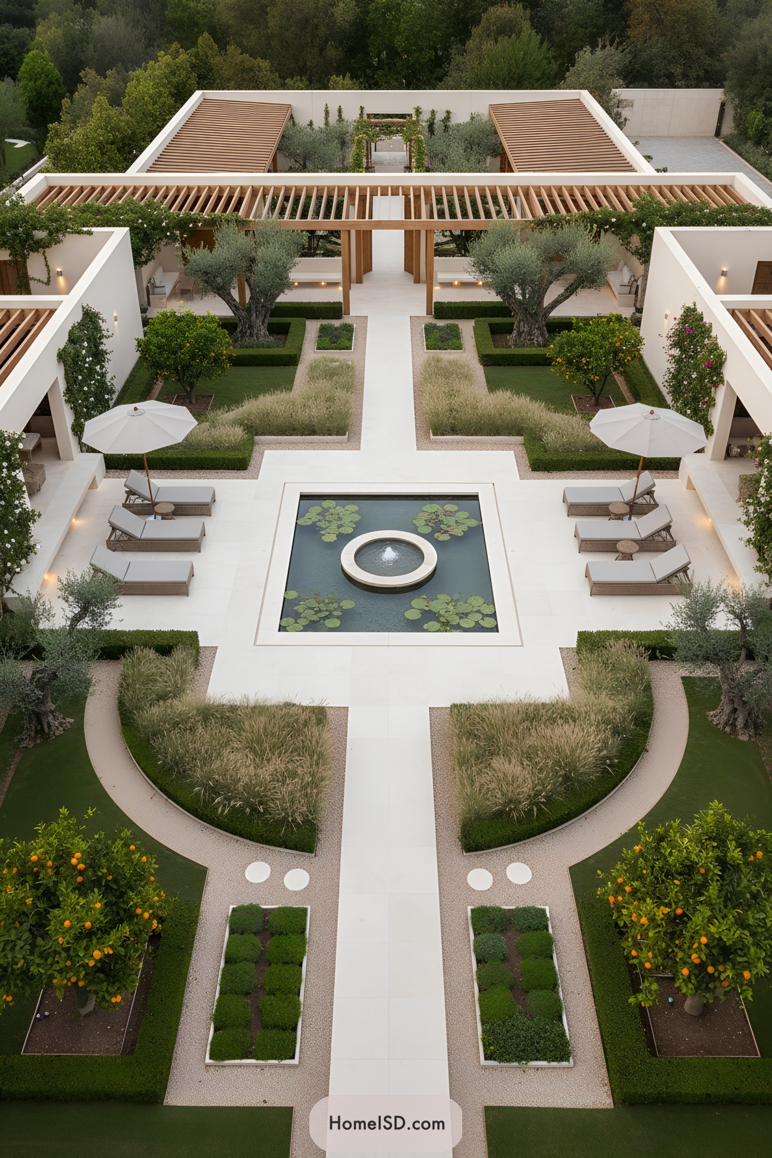 Central lily pond courtyard with pergolas, loungers, and manicured hedges