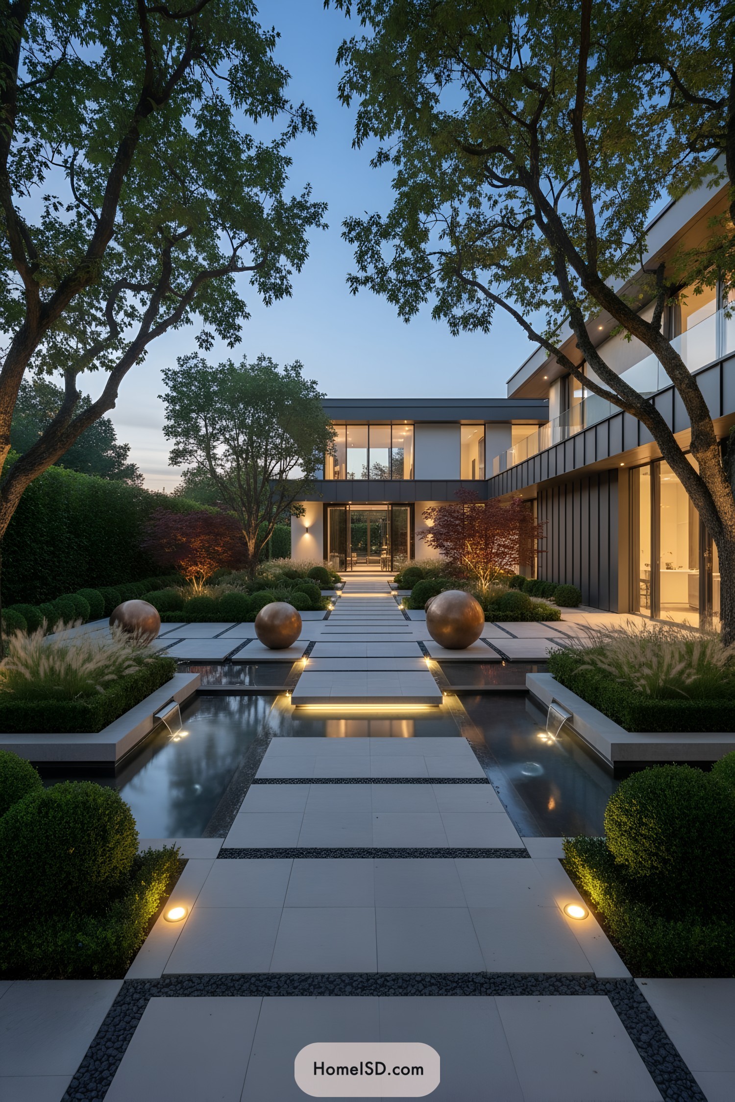 Modern villa courtyard with floating path, bronze spheres, and reflecting pools