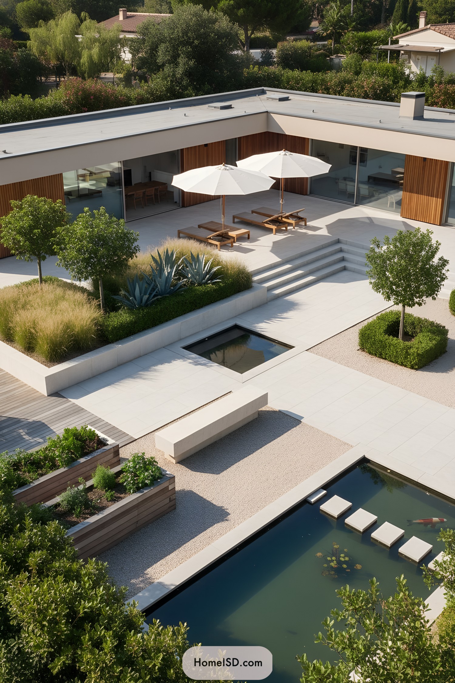 Minimalist villa courtyard with tiered planters, koi pond, and stepping pads