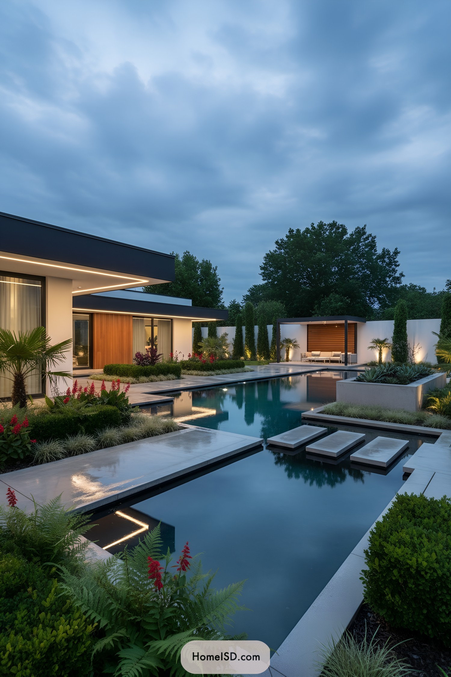 Modern courtyard with floating pavers, pool, and lounge pavilion at dusk