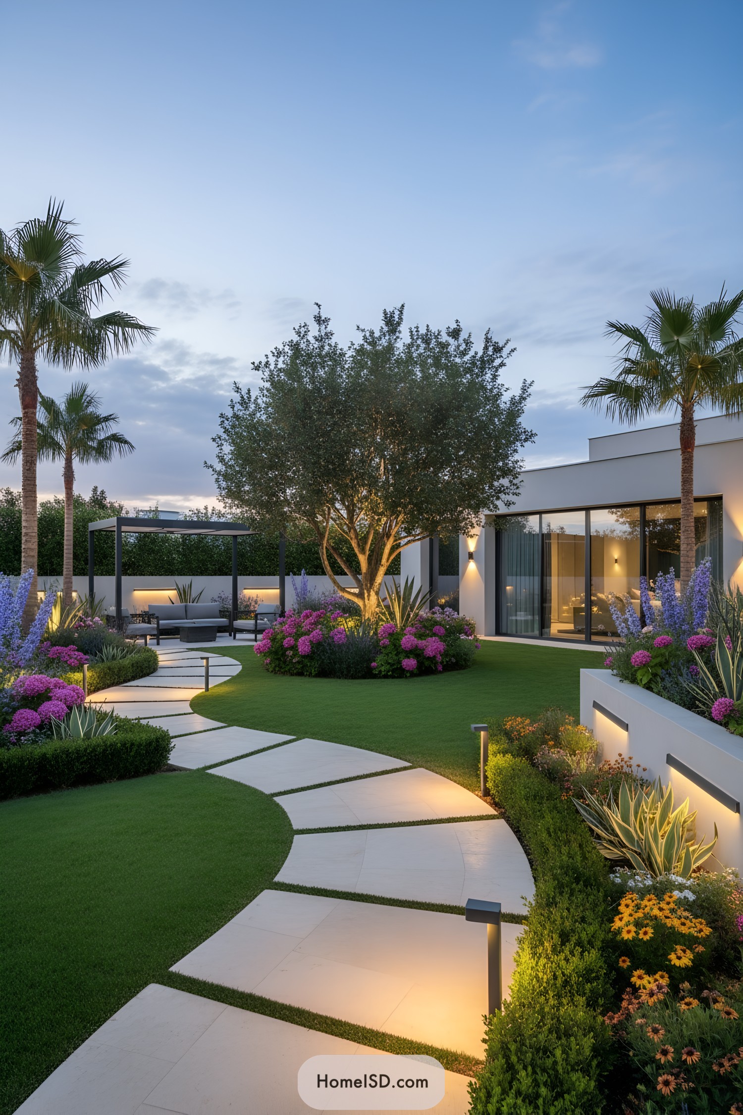 Curving stone path through lush, lit courtyard