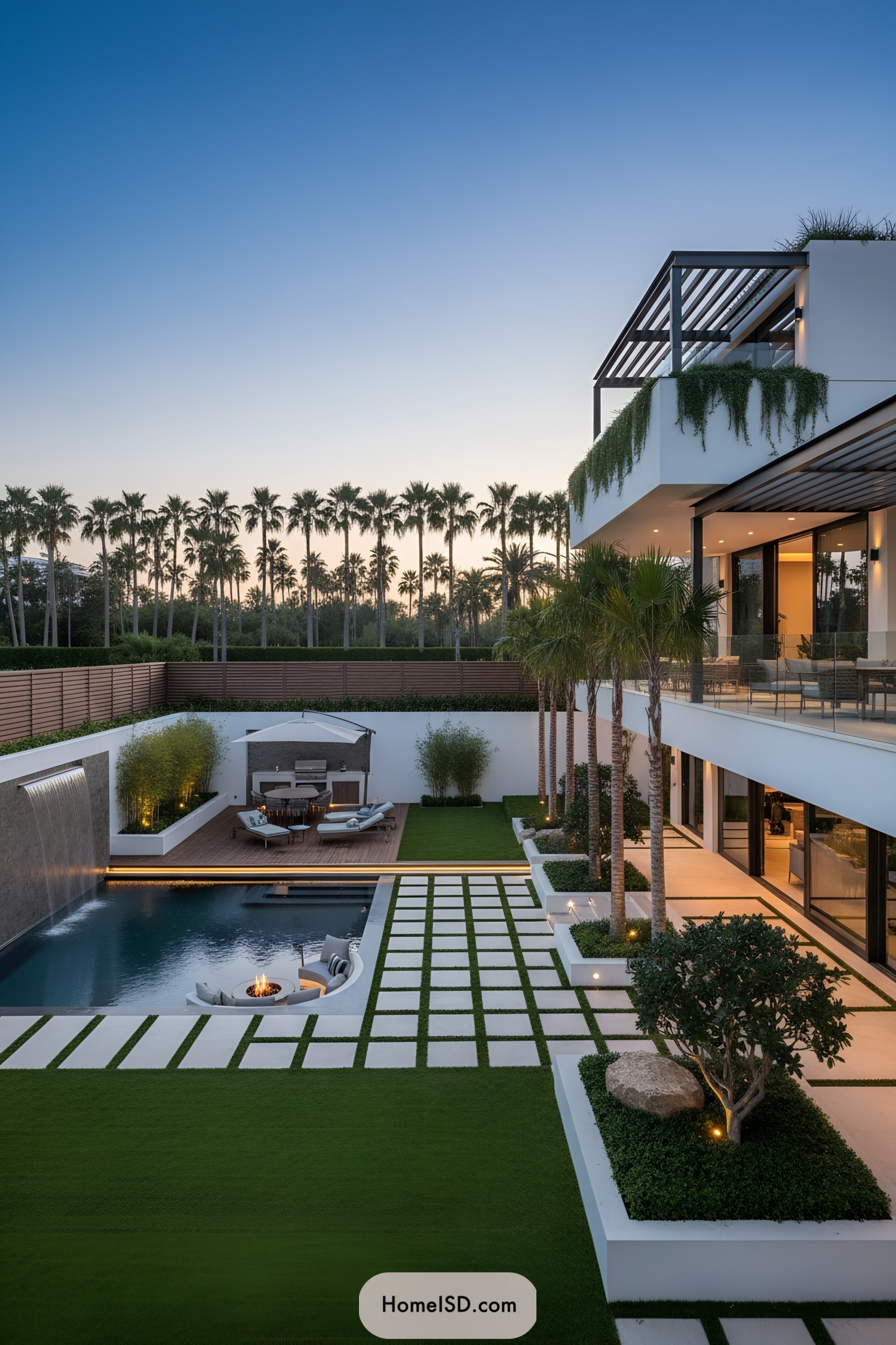 Luxury villa yard with pool, deck, and palms