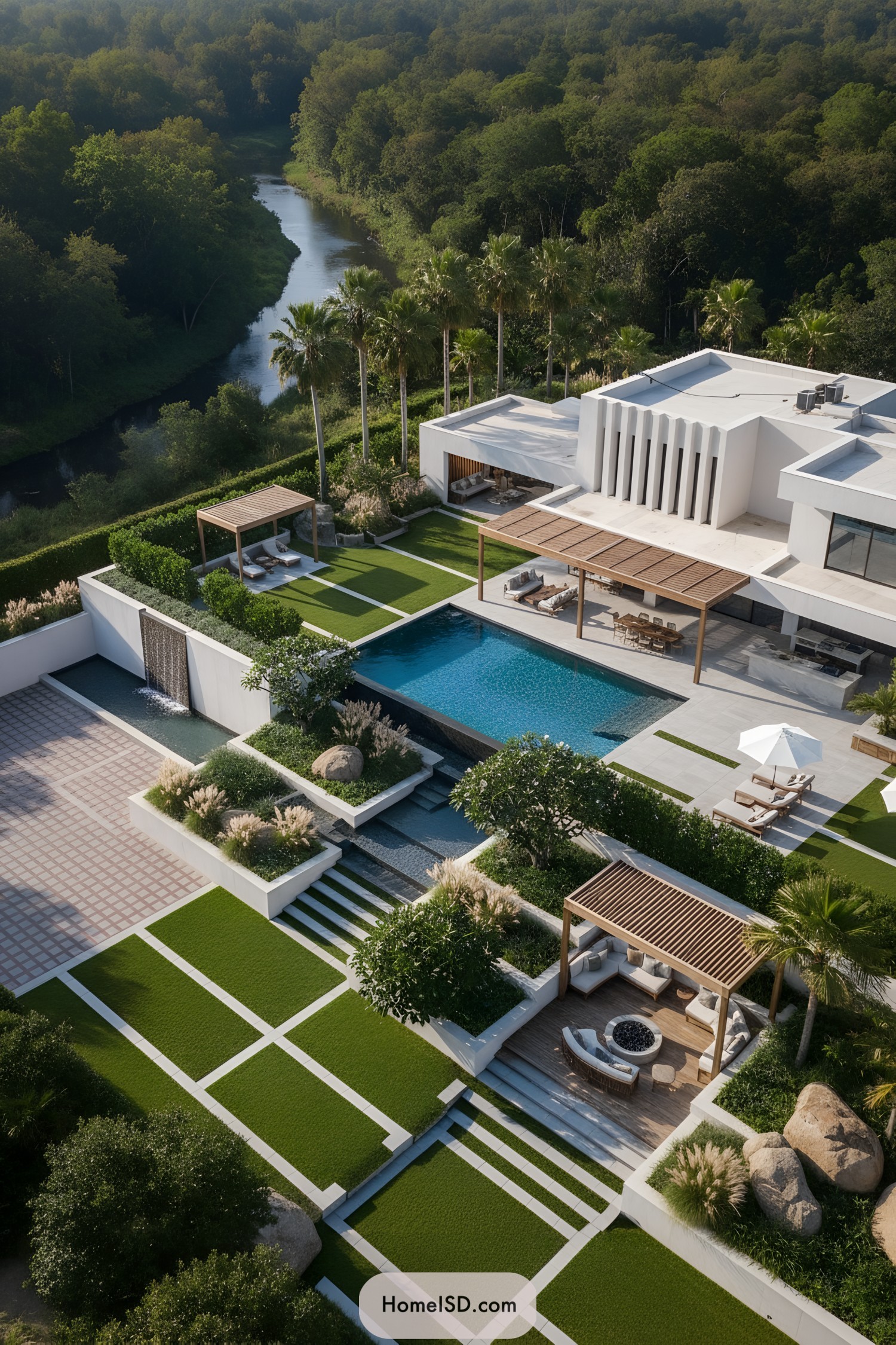 Modern villa garden with tiered lawns, pool, pergolas, and water features beside a river