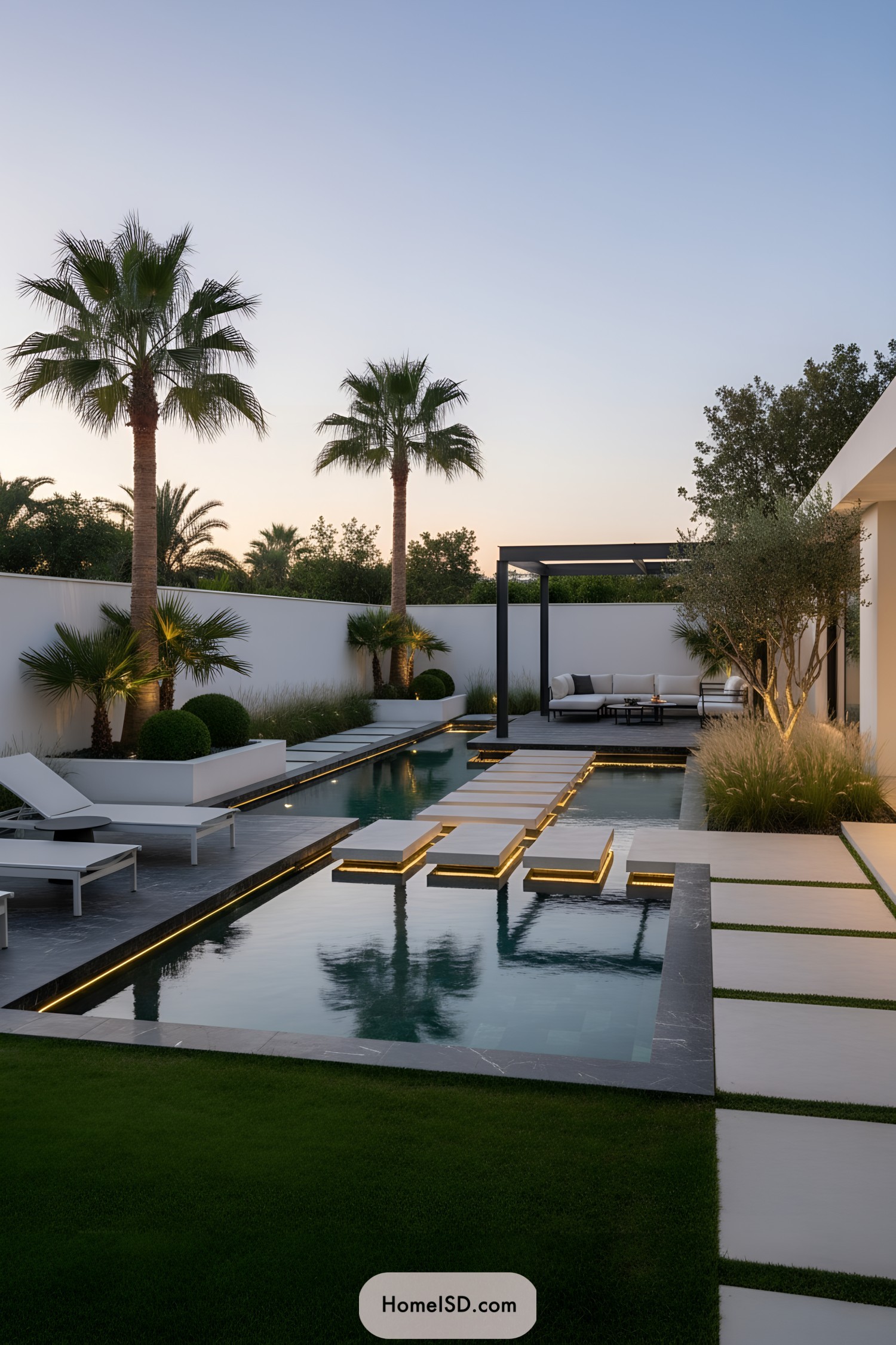 Modern villa courtyard with illuminated stepping-stone pool and pergola lounge