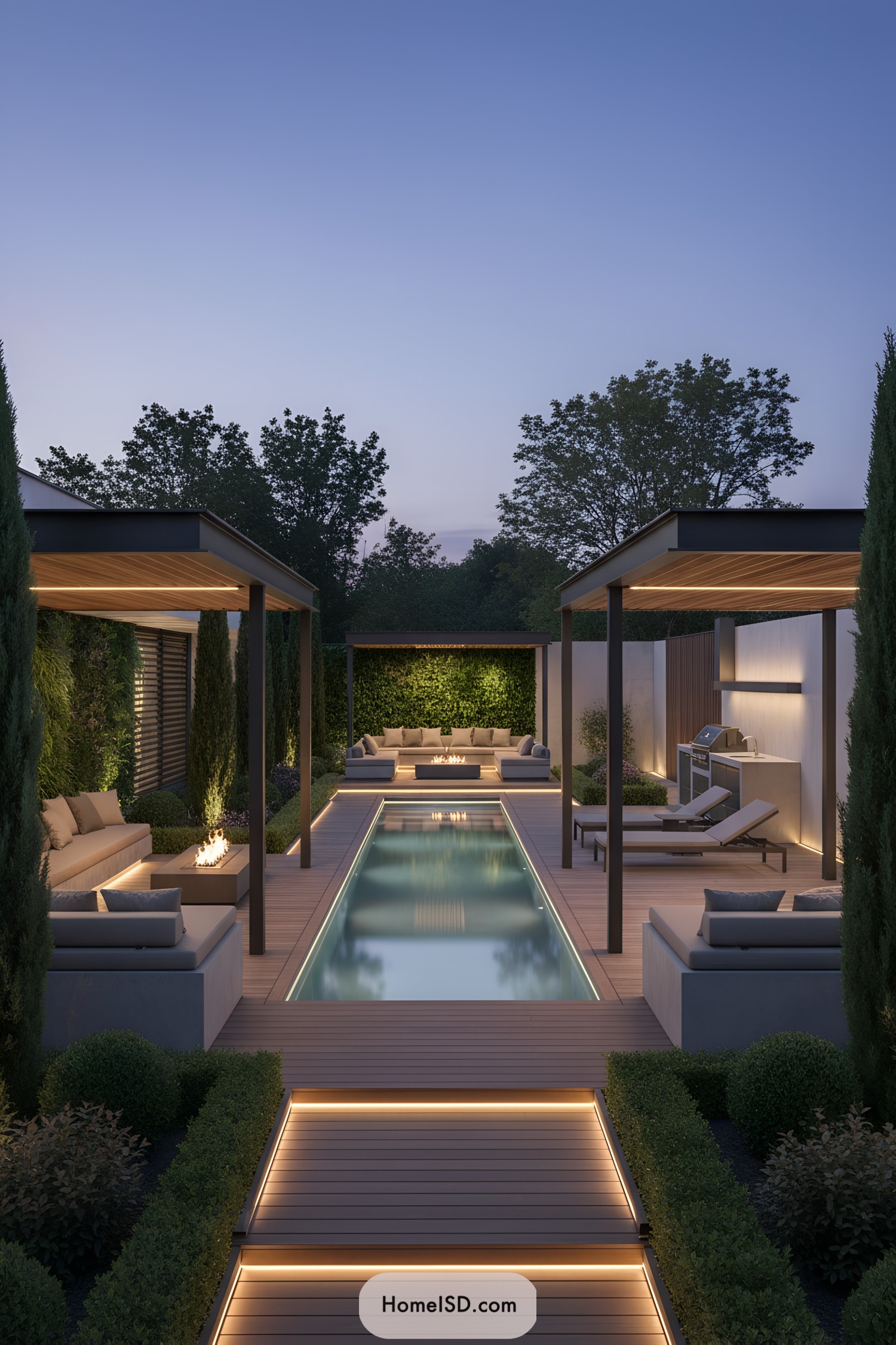 Modern villa courtyard with narrow pool, pergolas, lounge seating, and warm LED lighting