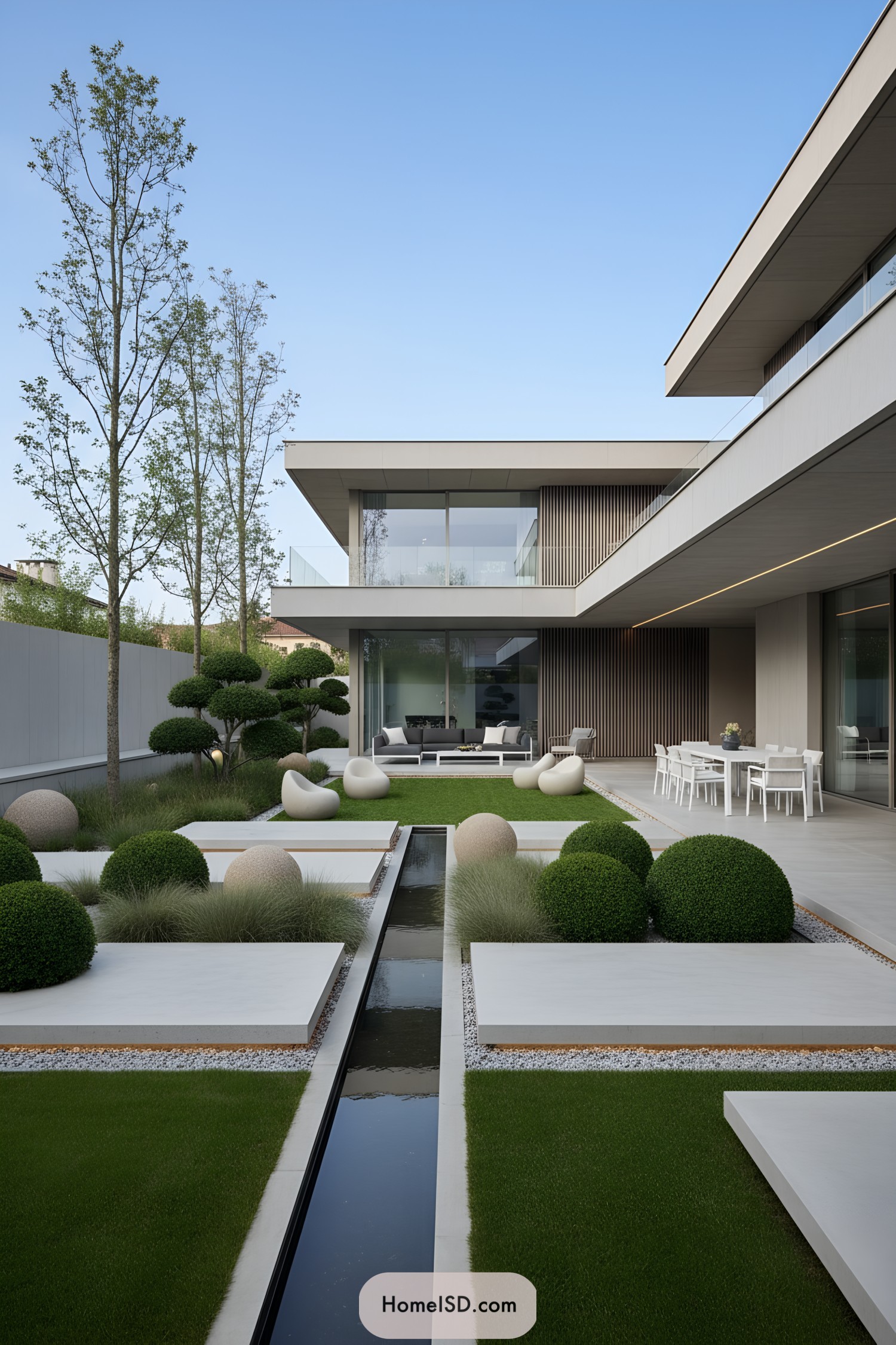 Minimalist villa courtyard with water rill, floating pavers, and rounded topiary