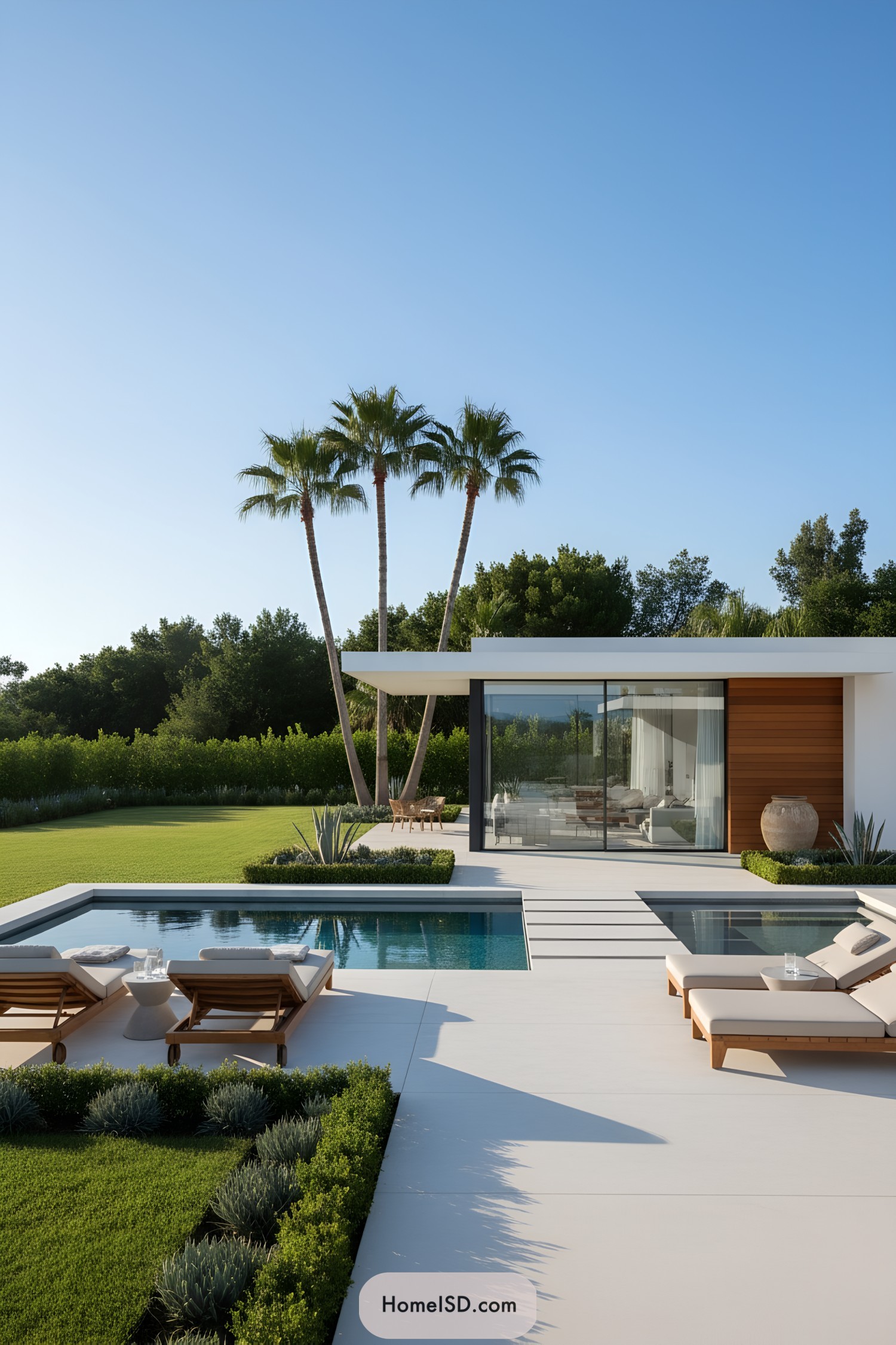 Modern villa courtyard with pool, loungers, and palms