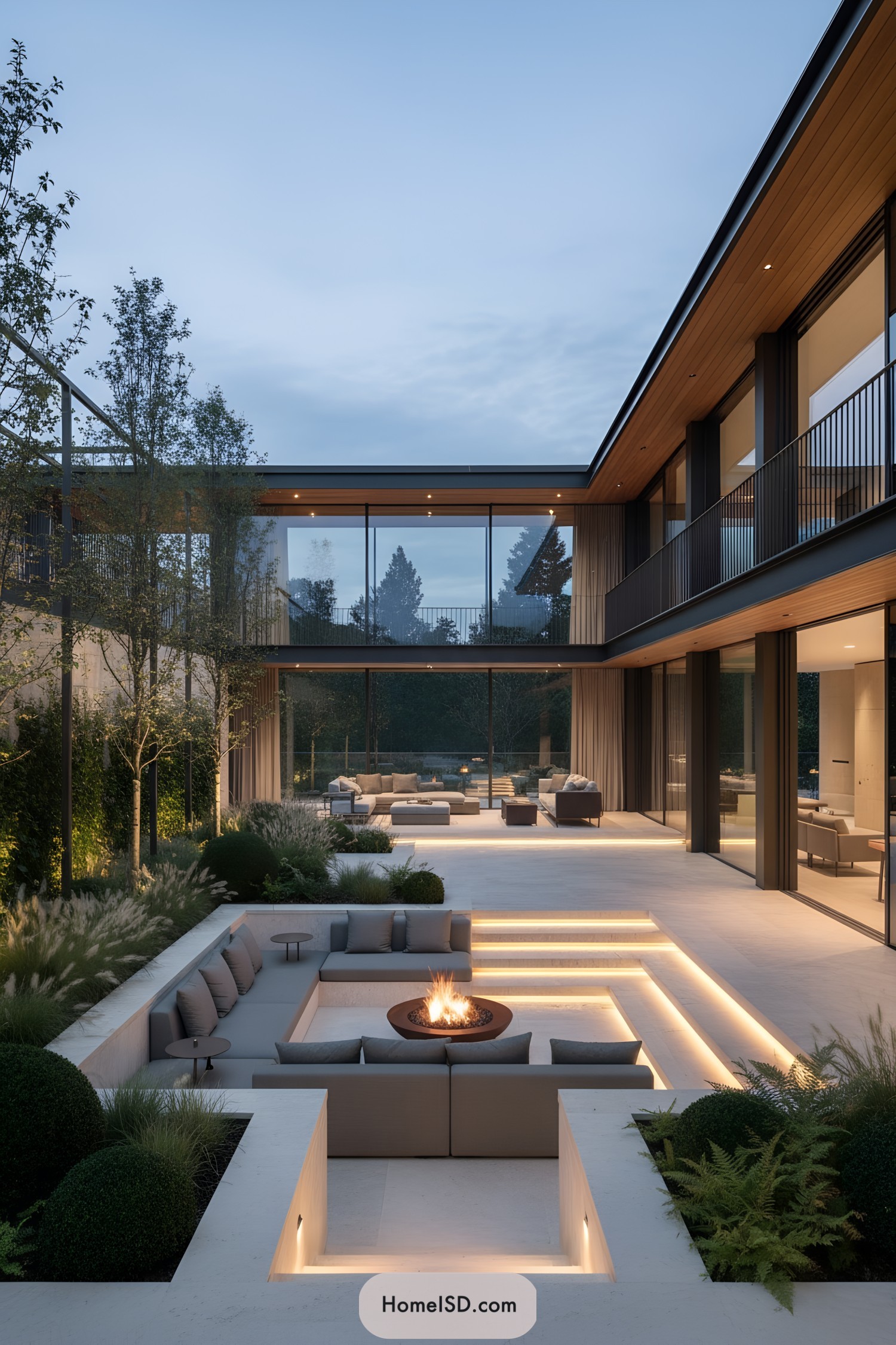 Modern courtyard with sunken fire lounge, tiered seating, and warm step lighting framed by glass-walled villa