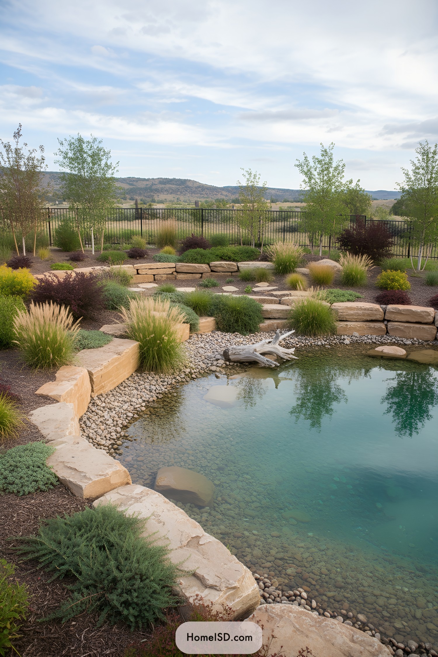 Natural pond with stone edging and meadow grasses