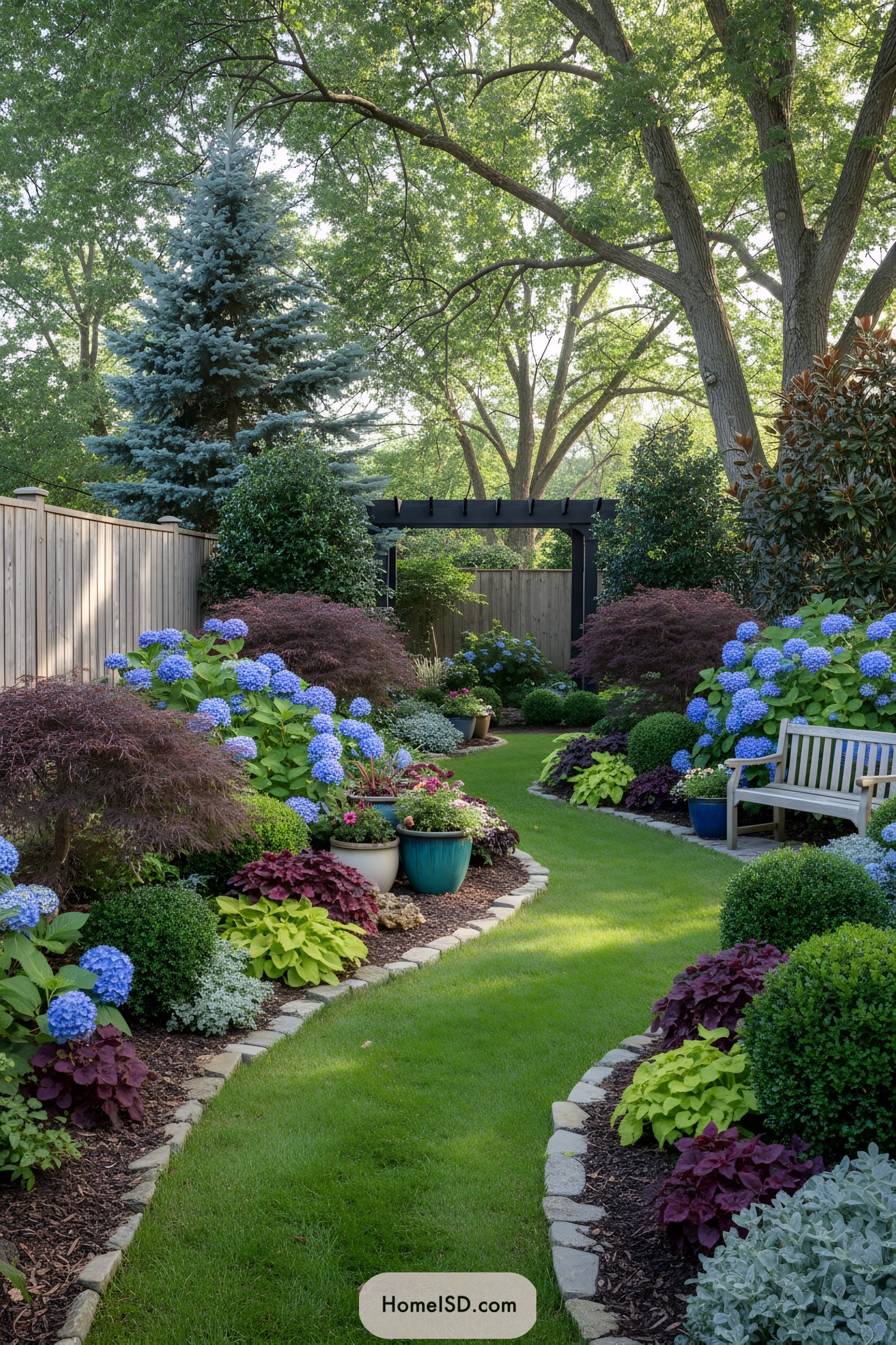 Curving lawn path with lush hydrangeas and shrubs