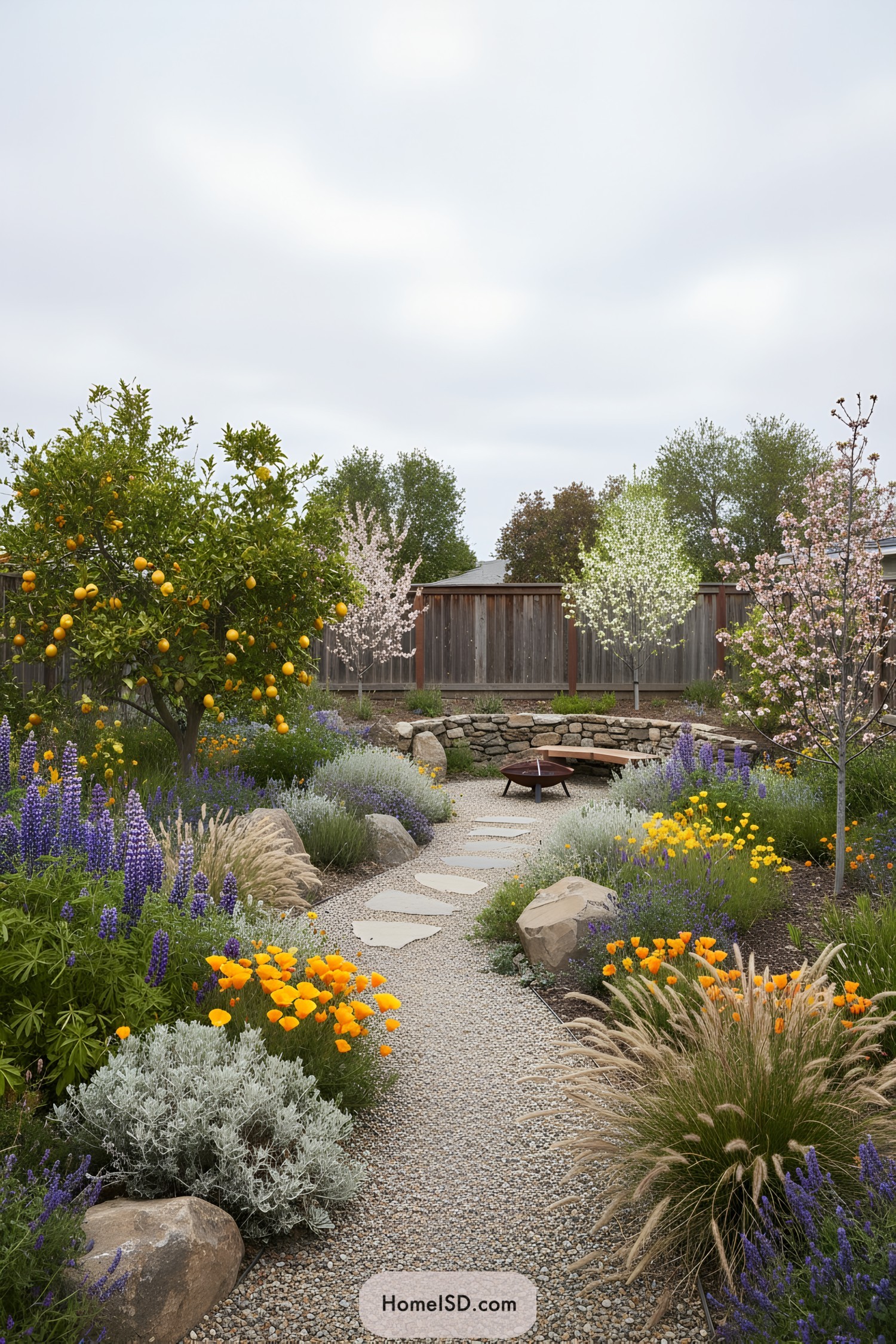 Gravel path through wildflowers and fruit trees