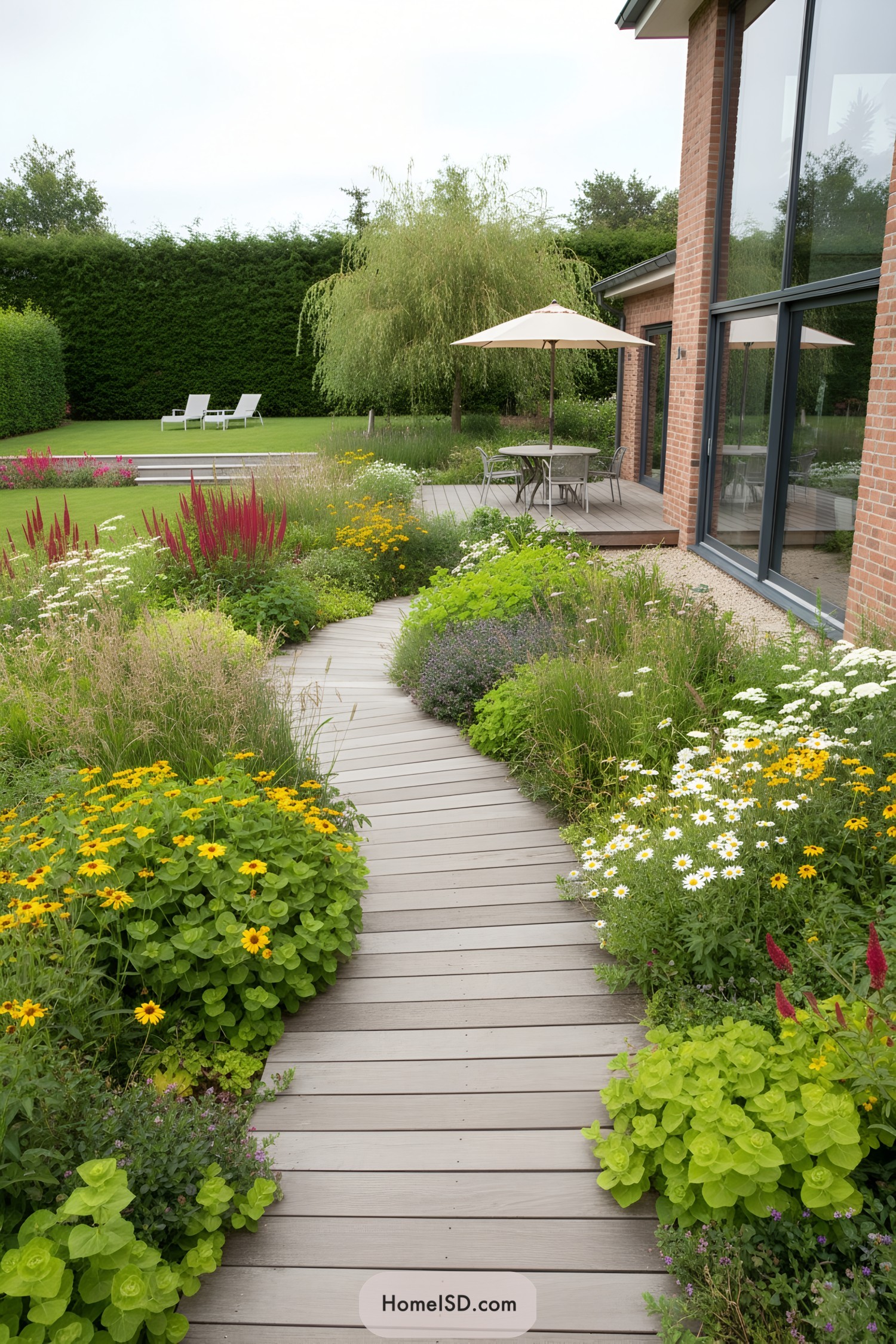 Curving deck walkway amid lush flowering beds