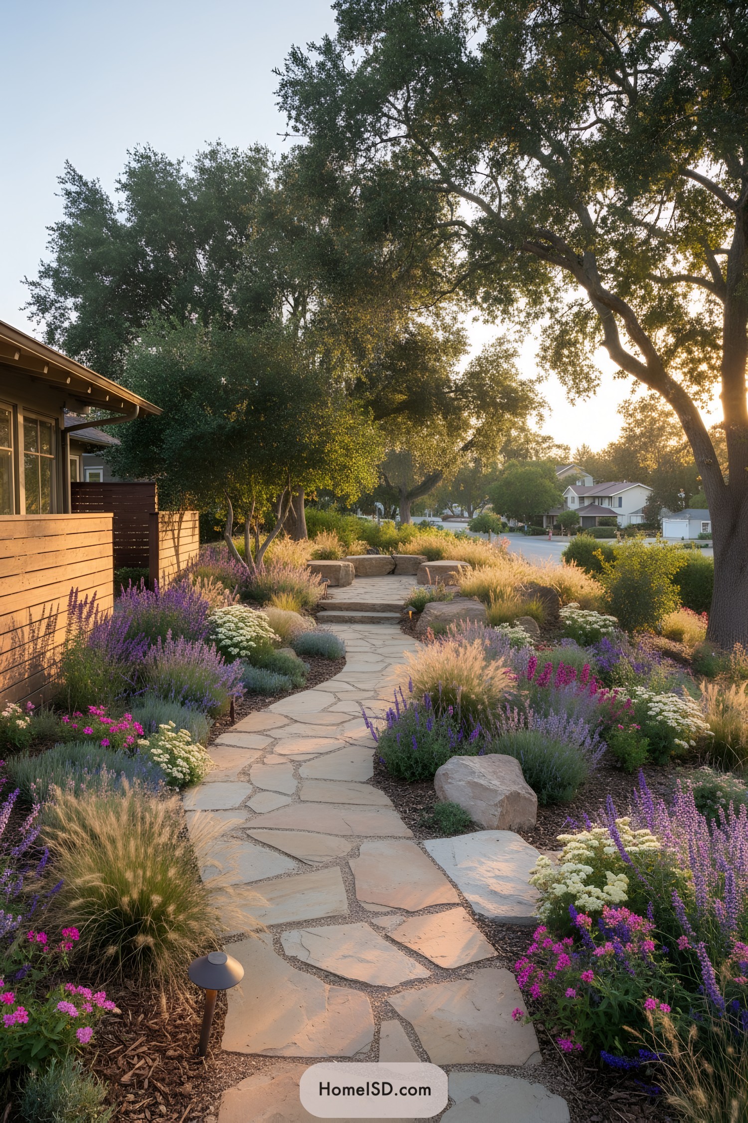Flagstone path through meadow plantings