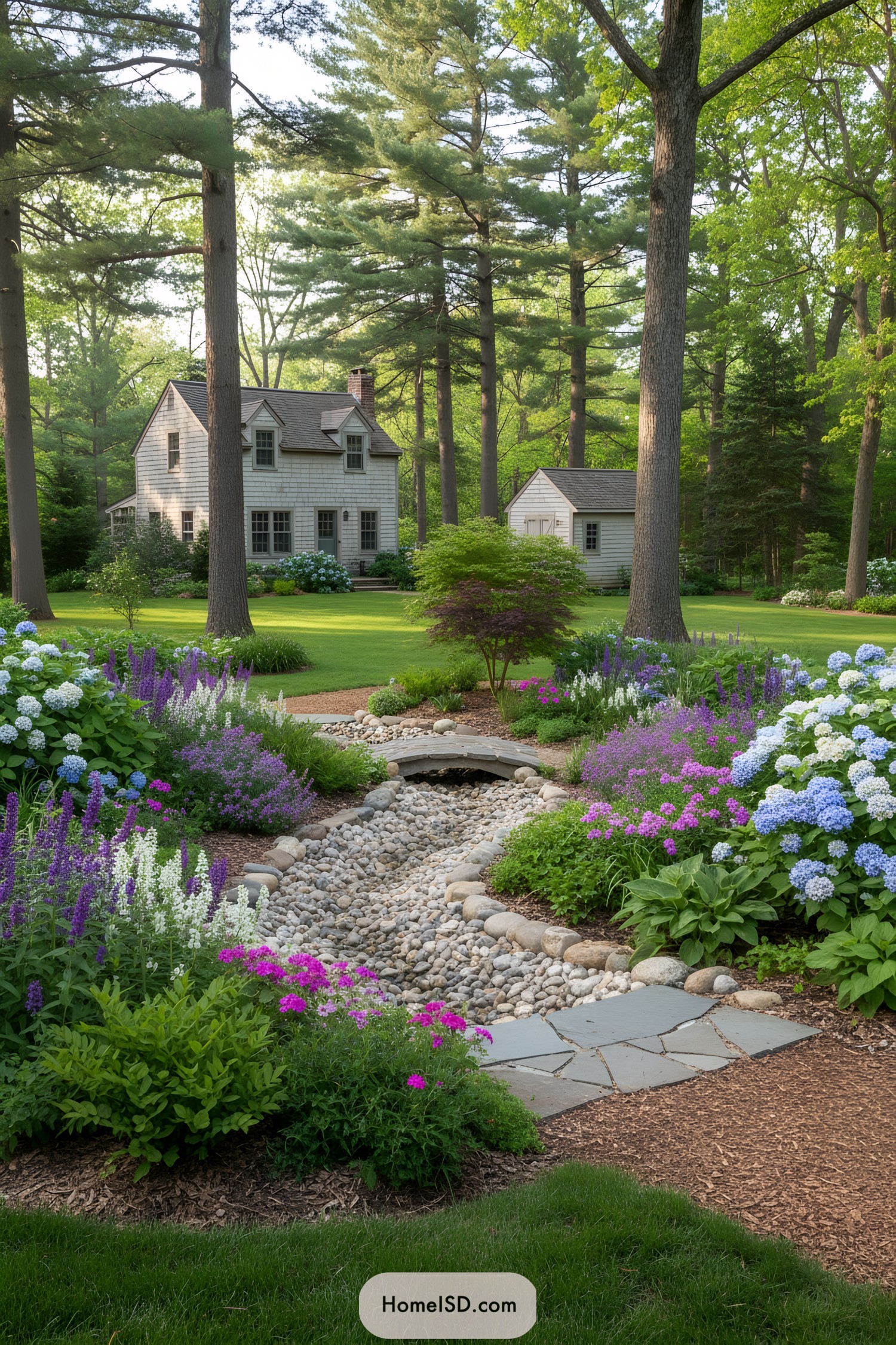 Colorful cottage garden with dry creek and bridge