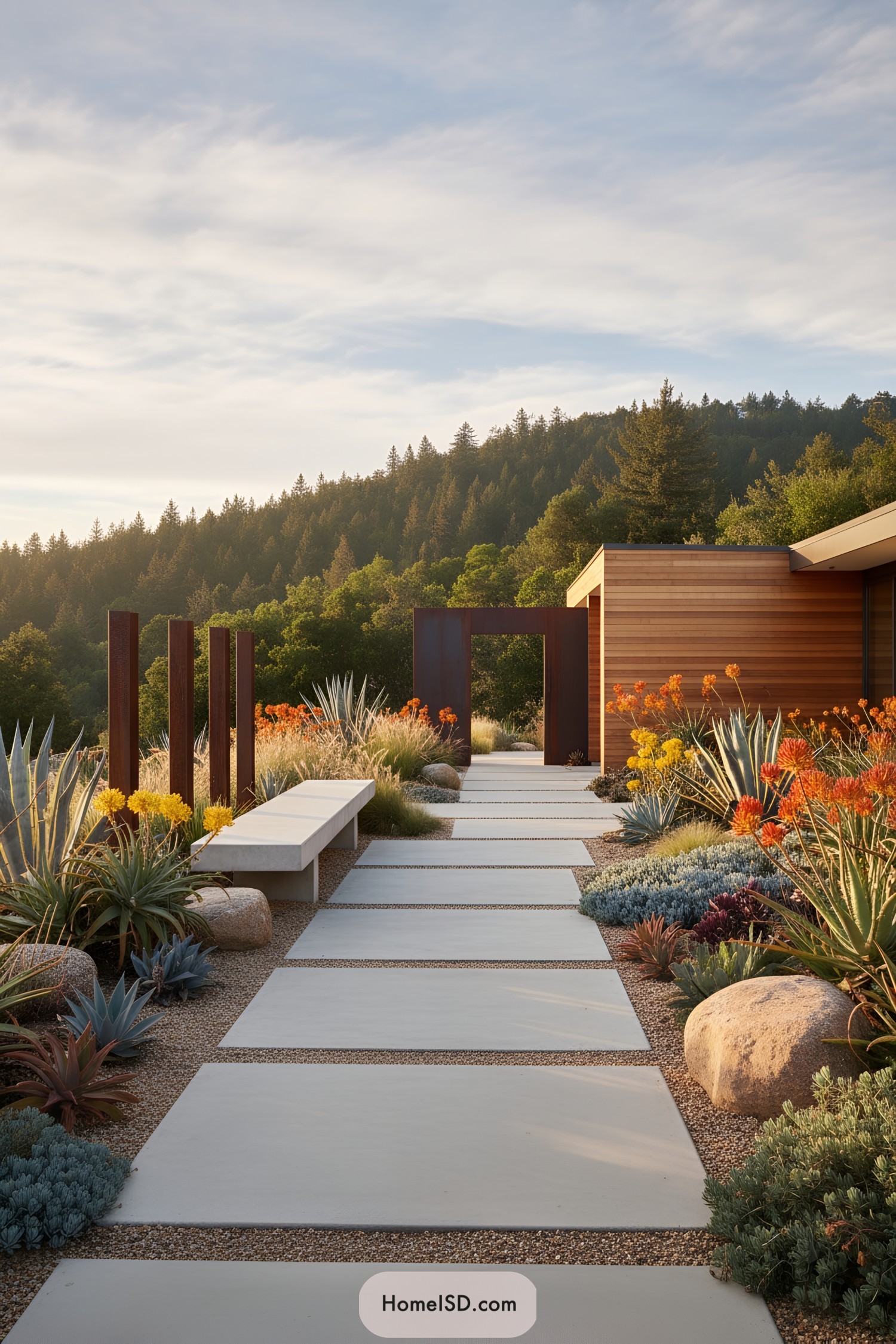 Concrete stepping path through drought-tolerant garden