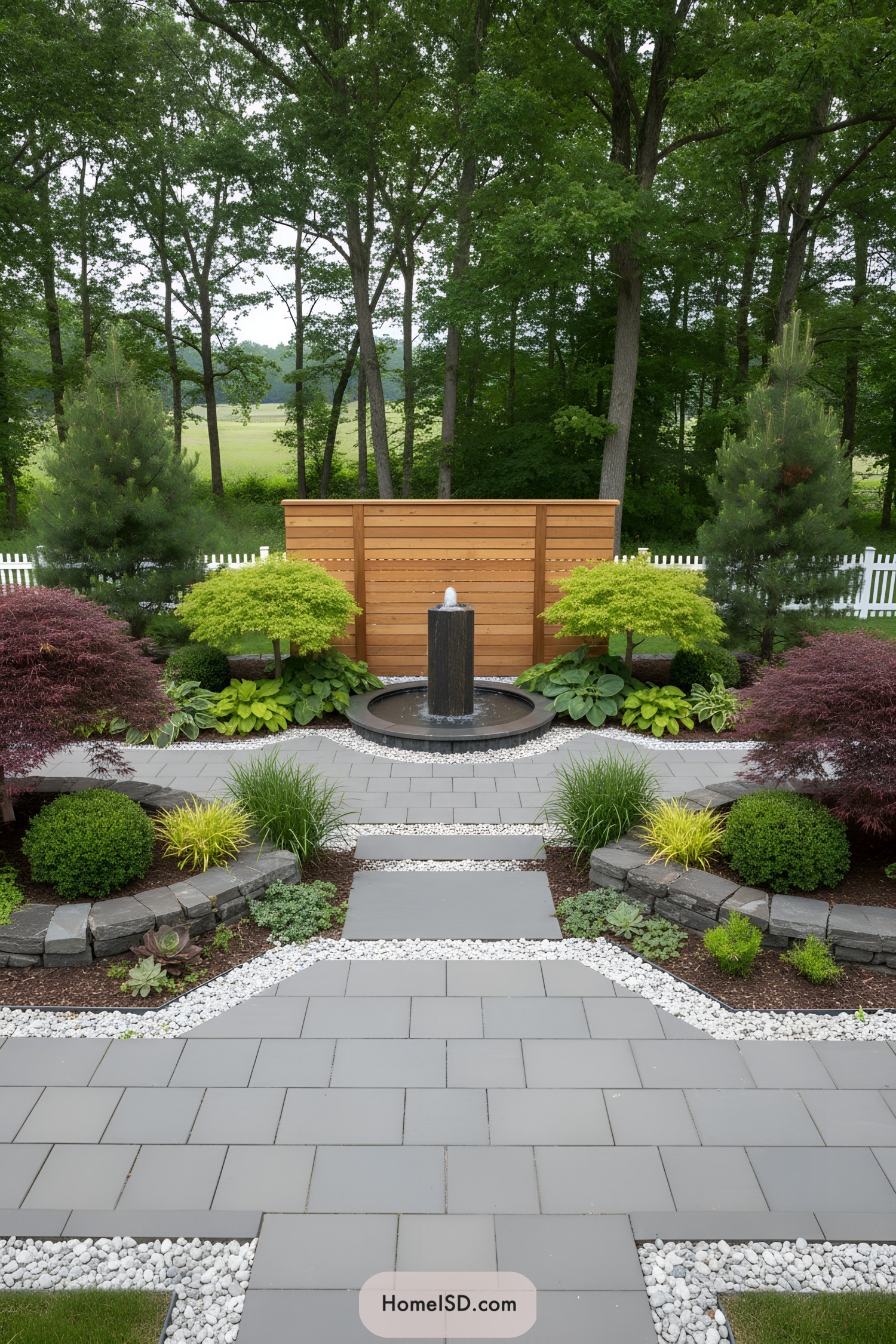 Modern courtyard with tiered pavers, fountain, and cedar screen