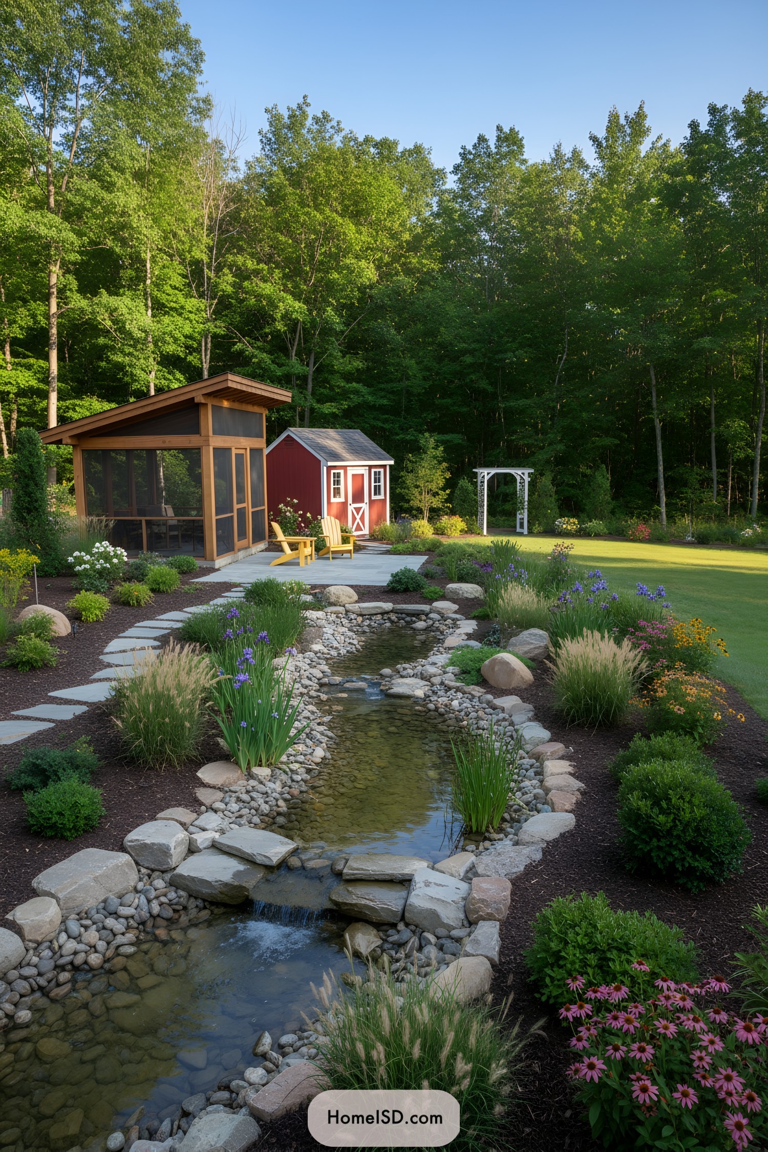 Naturalistic backyard creek with stone edging, native perennials, and small red shed