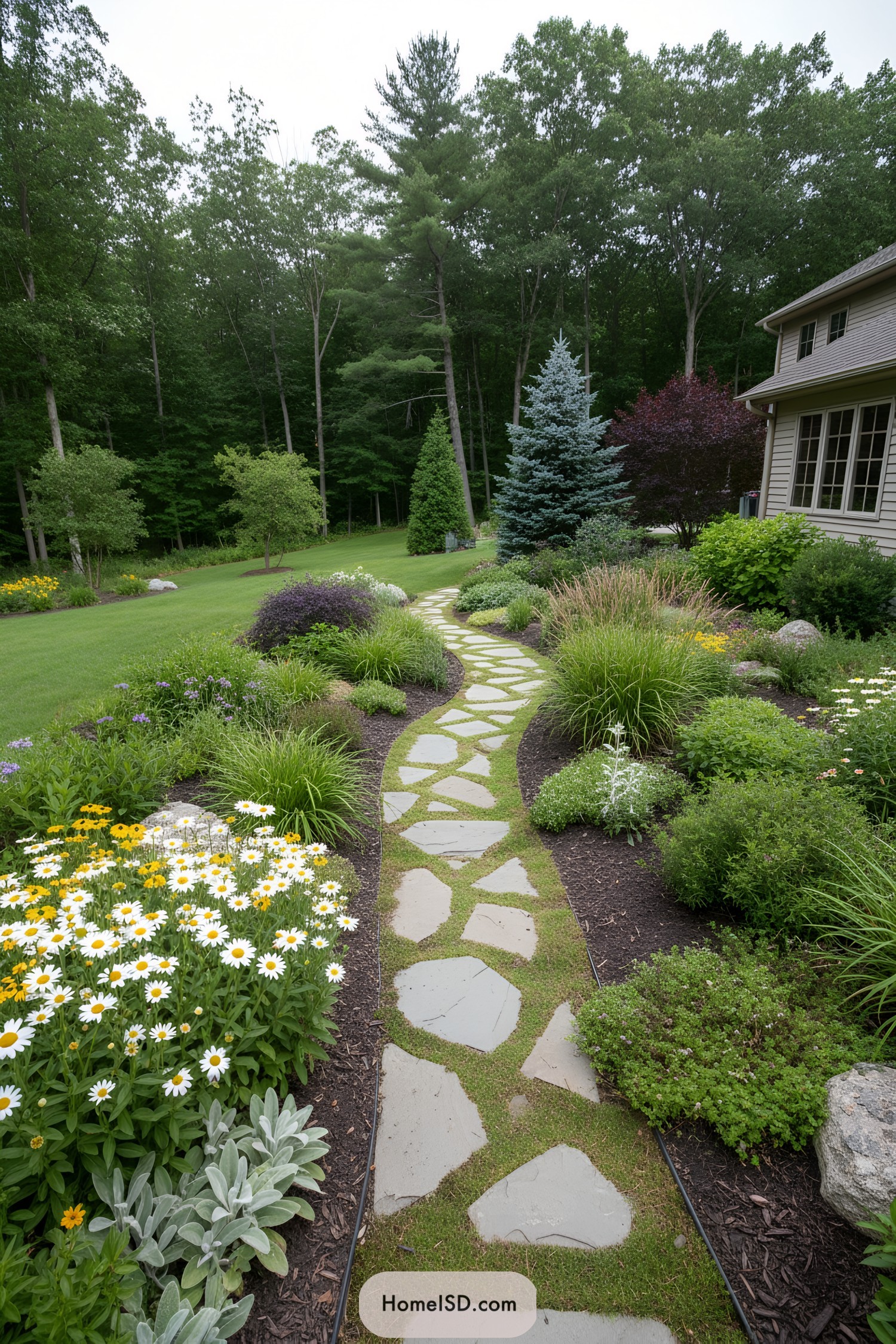 Curving flagstone path amid lush perennials