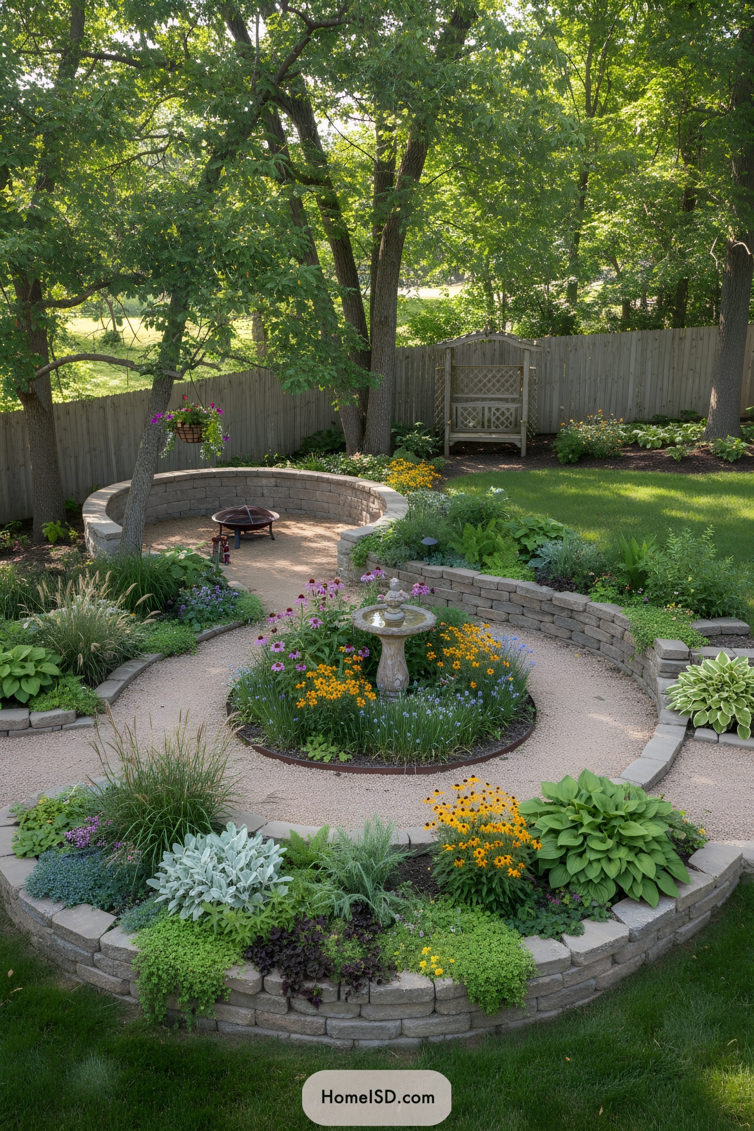 Curved gravel paths, stone beds, and fountain