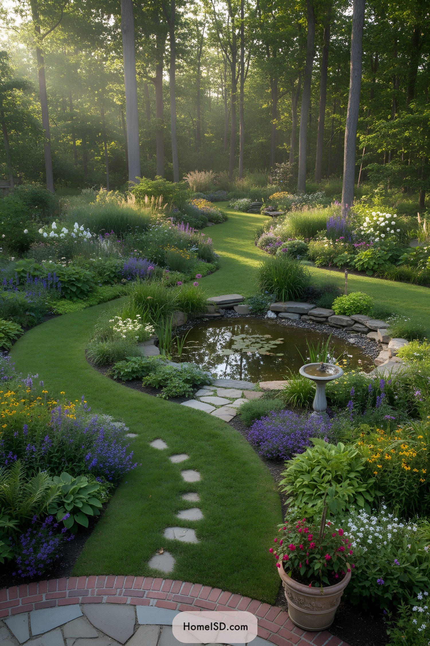 Curving lawn, lily pond, and flower borders