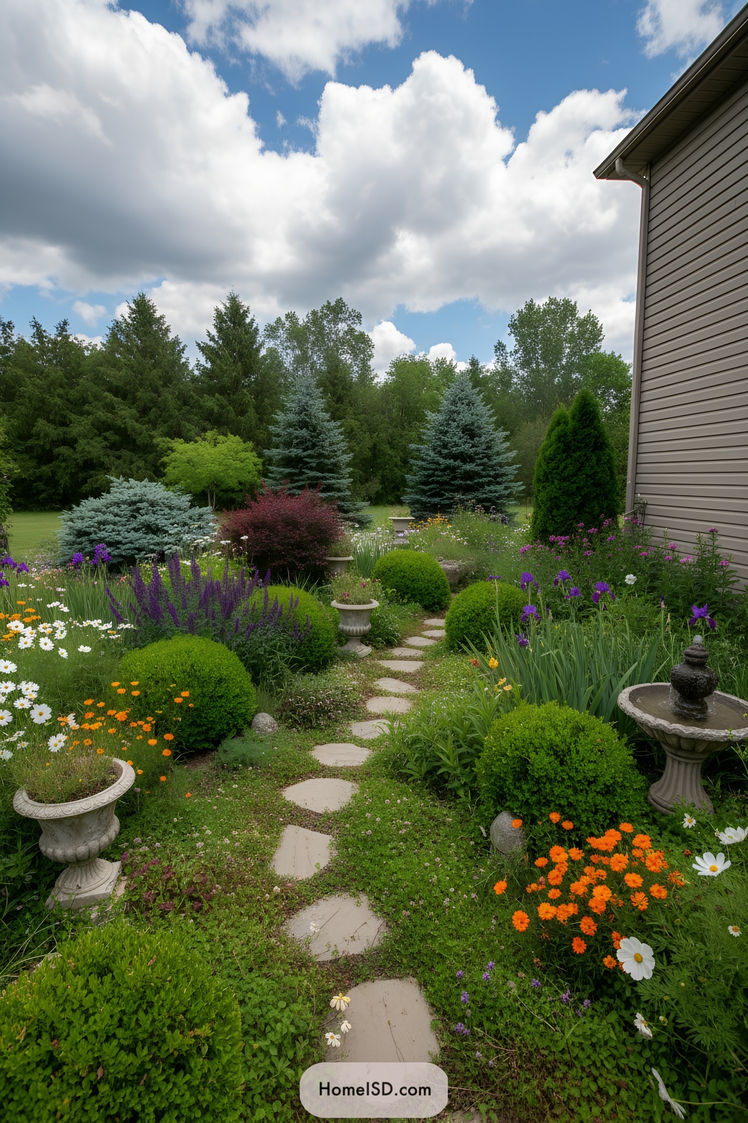 Stone stepping-path amid lush cottage garden