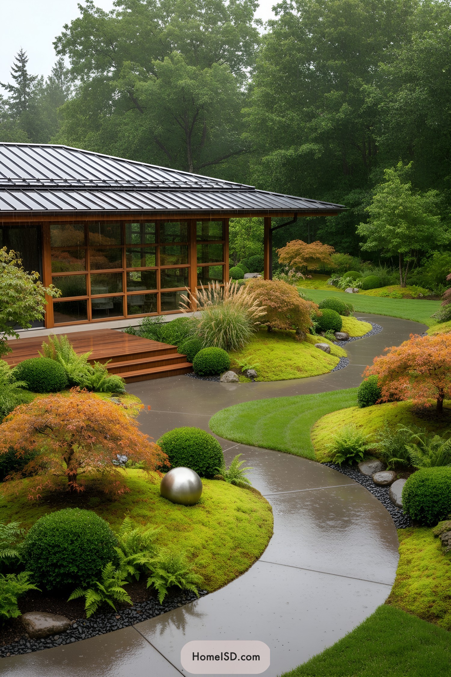 Curving concrete path through mossy mounds, sculpted shrubs, and a modern pavilion