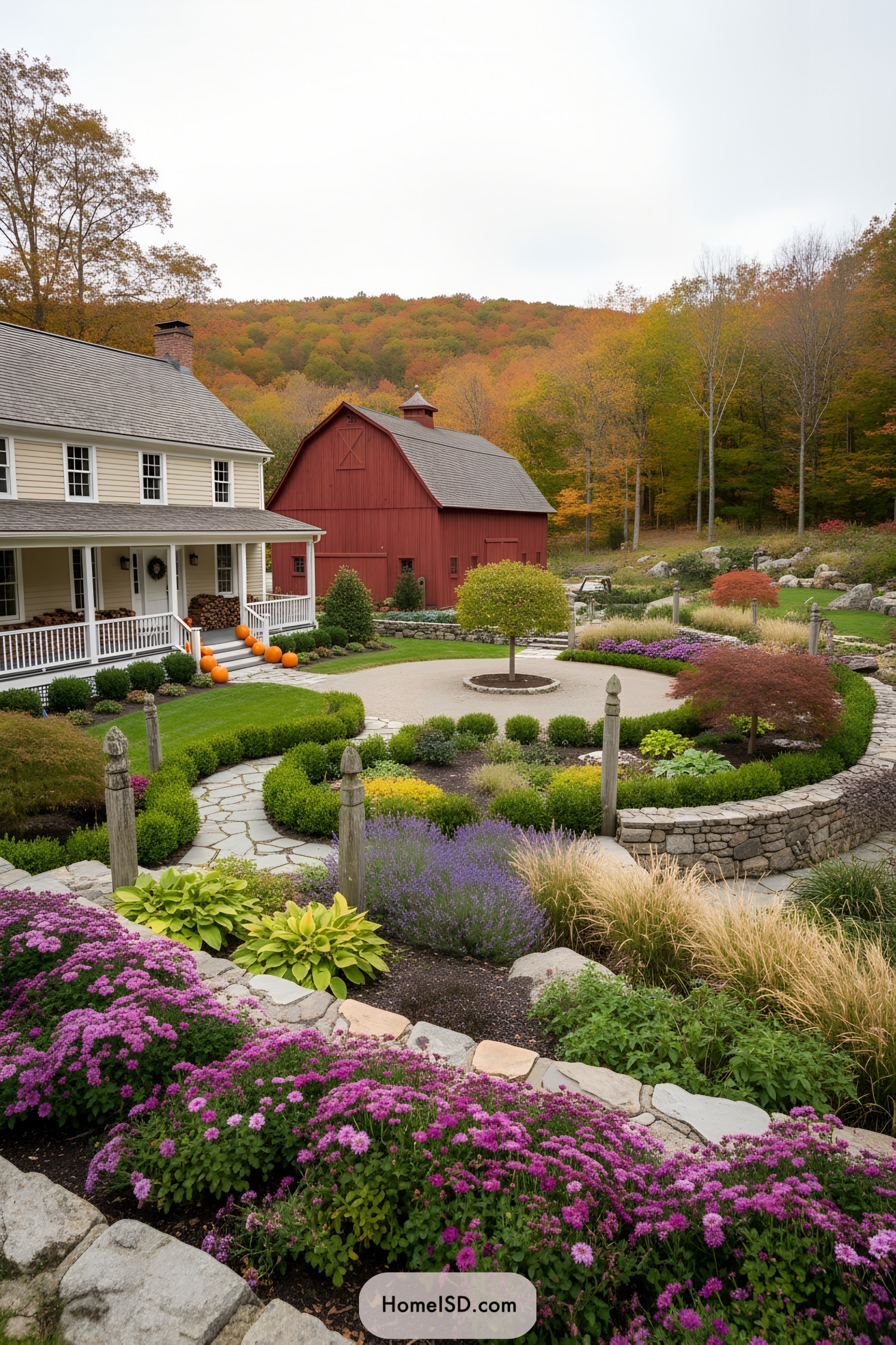 Circular gravel court with central tree, stone paths, and layered flower beds beside a red barn