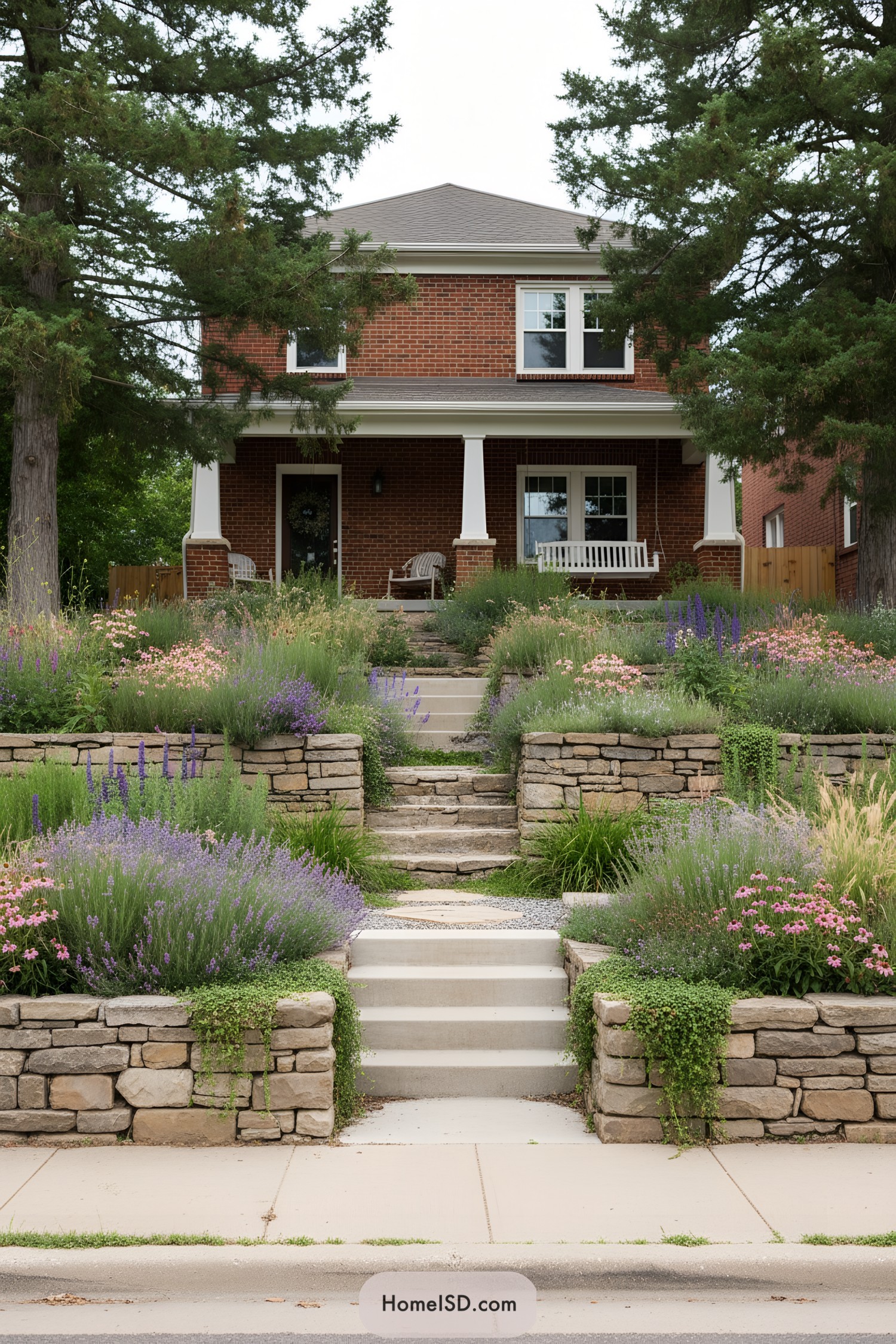 Tiered stone steps with lavender and wildflowers