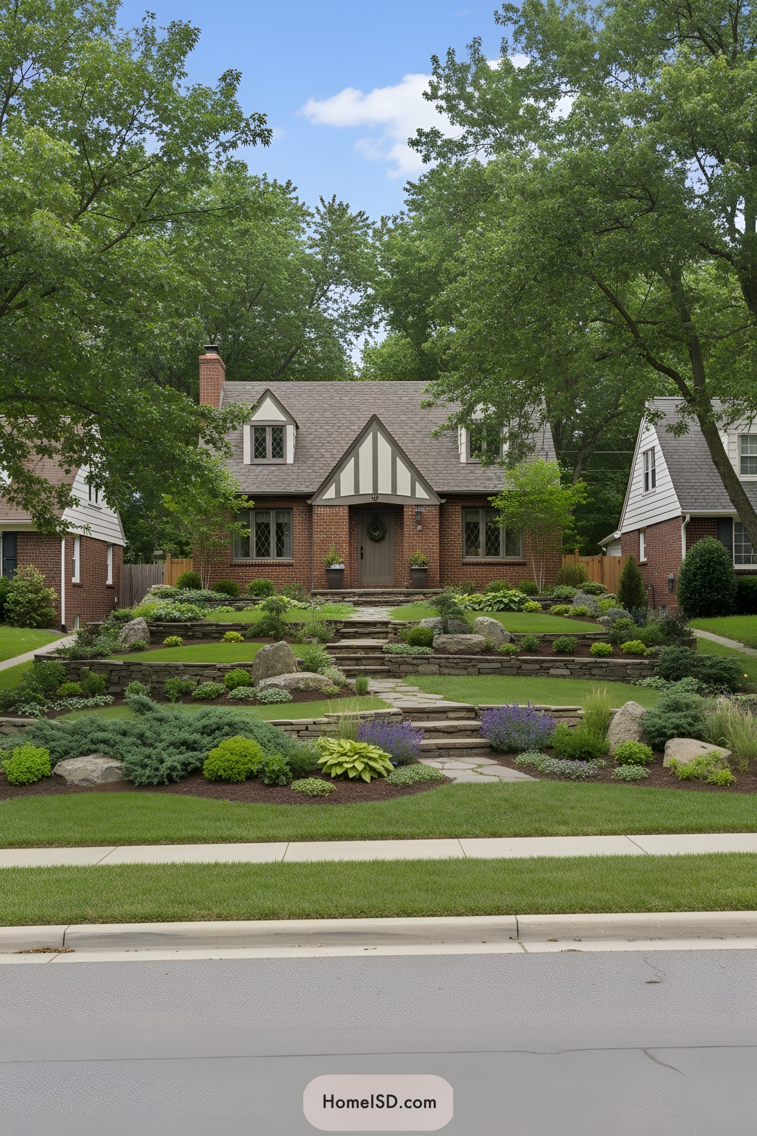 Tiered front yard with stone steps, retaining walls, shrubs, and meadow-style plantings