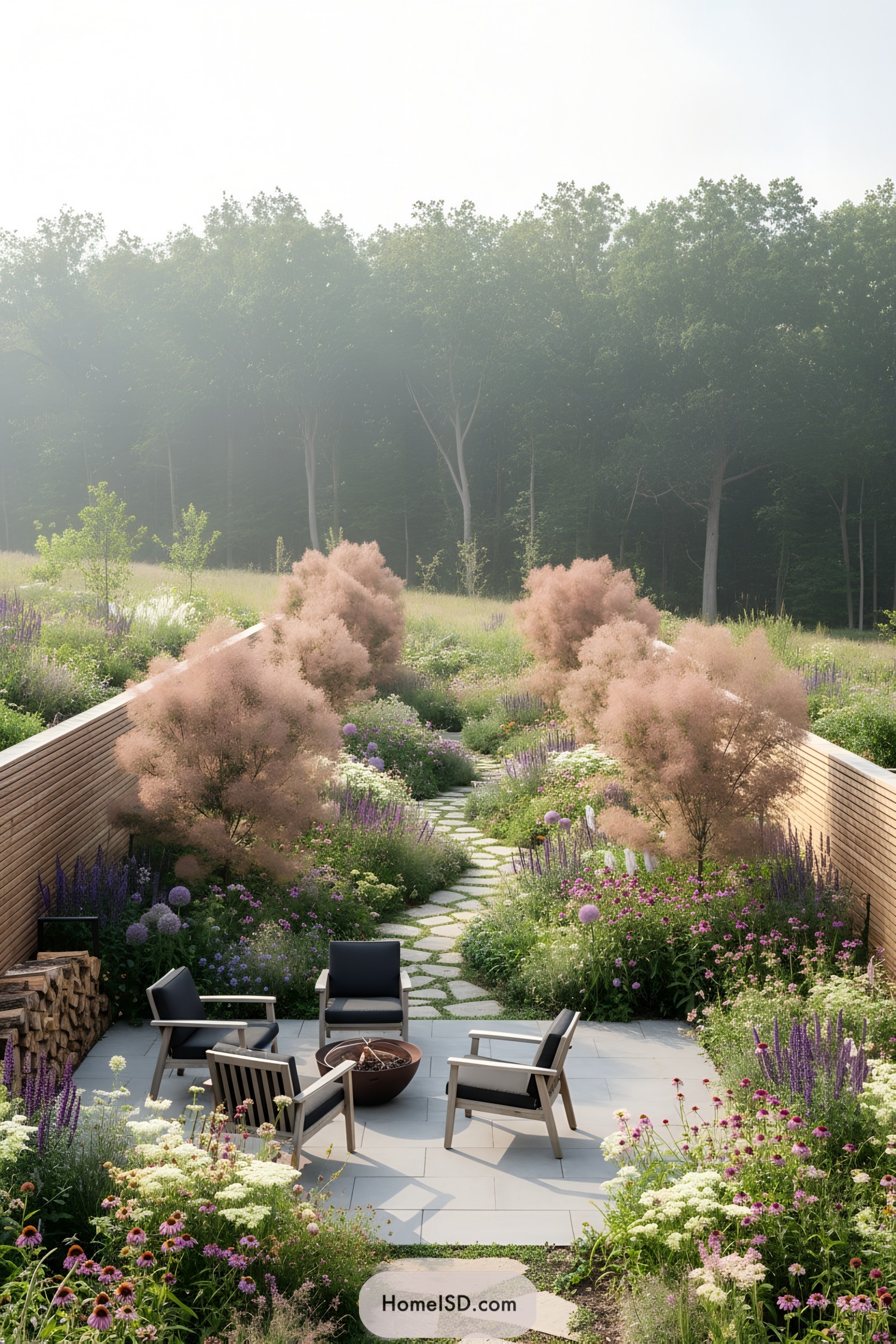 Modern patio amid lush meadow path
