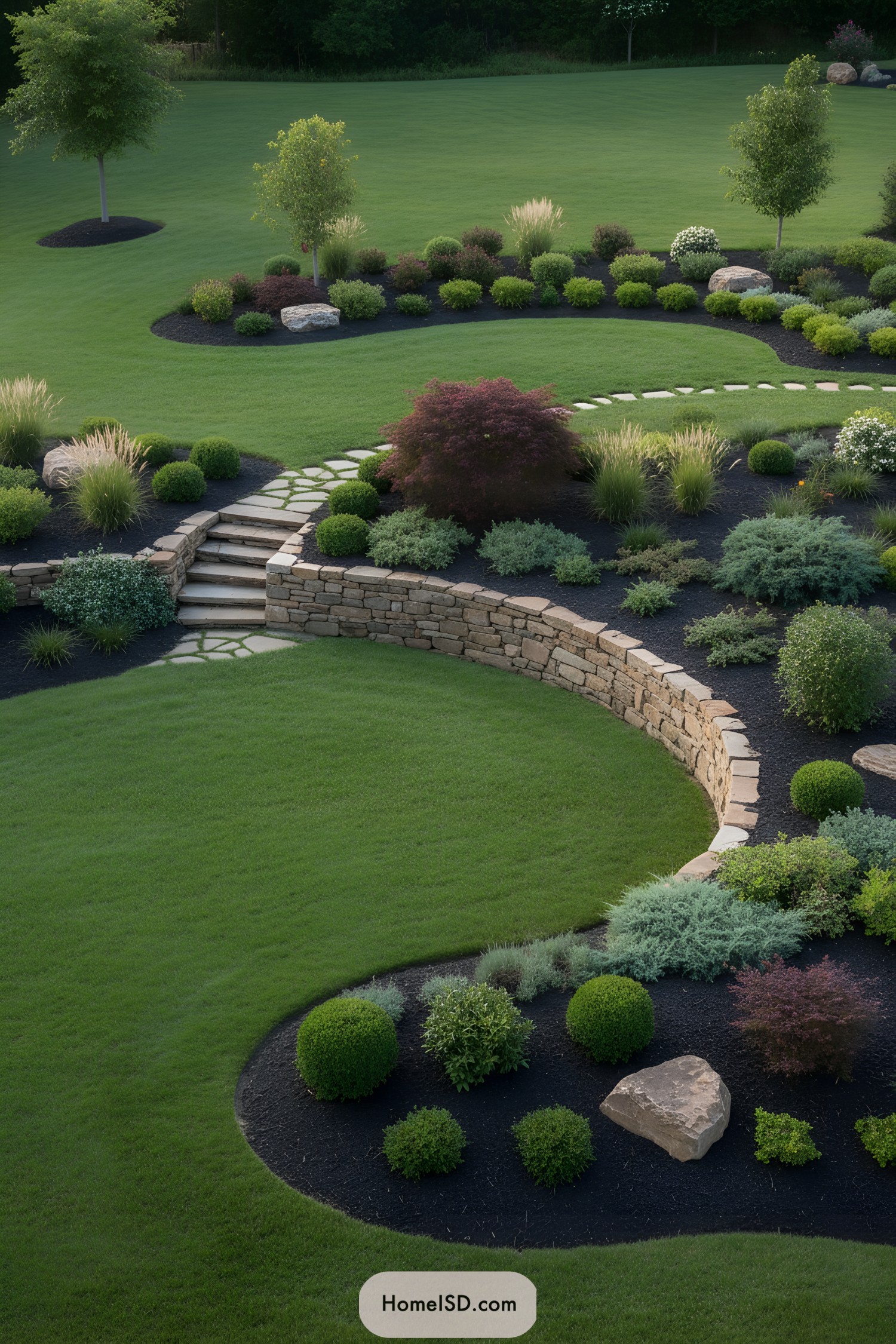 Terraced lawn with stone wall, curving beds, and clipped shrubs