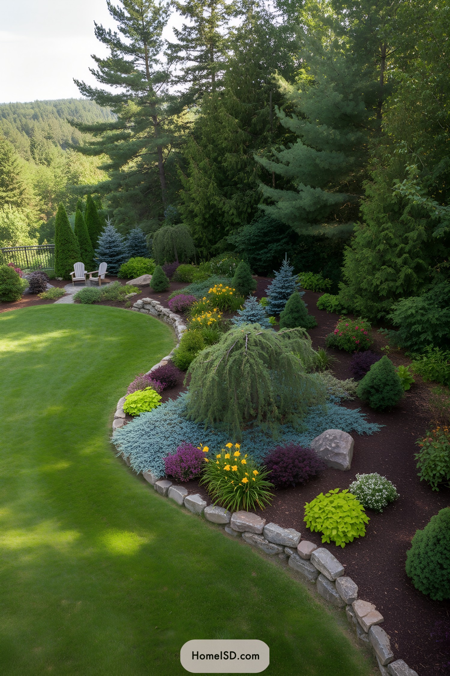 Curved lawn edged by stone and layered conifers with colorful perennials