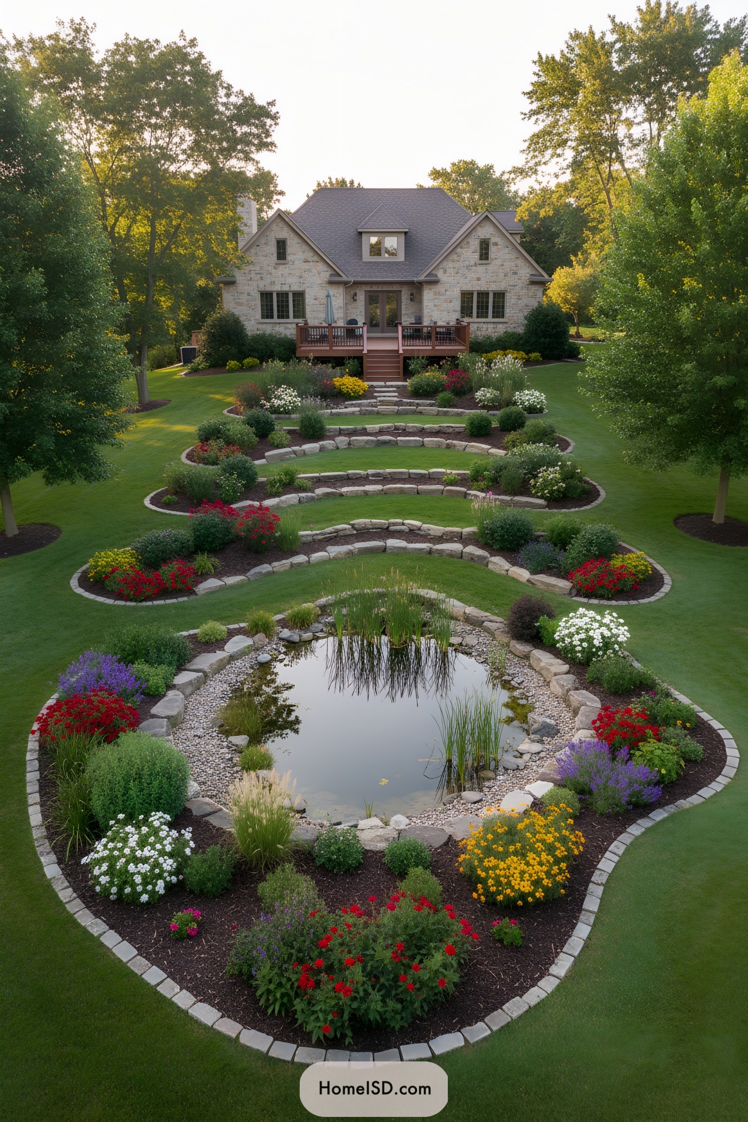 Tiered stone garden with oval pond and colorful flower borders
