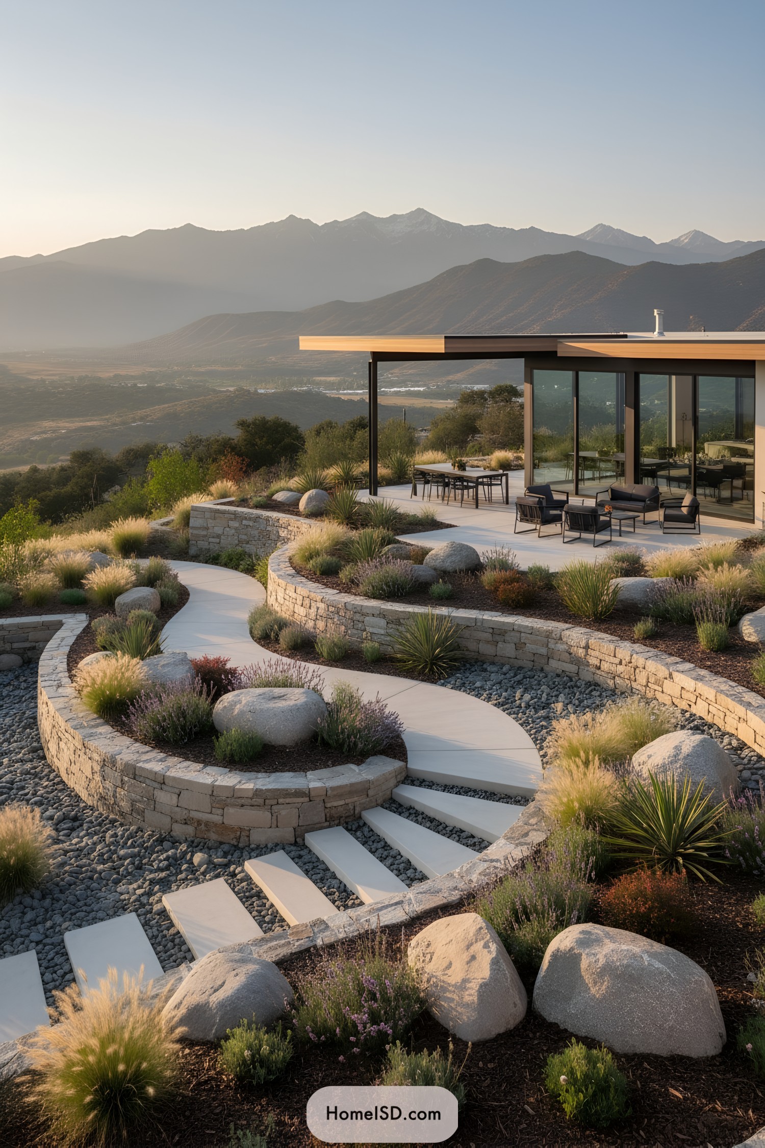 Tiered stone terraces, curving path, mountain-view patio