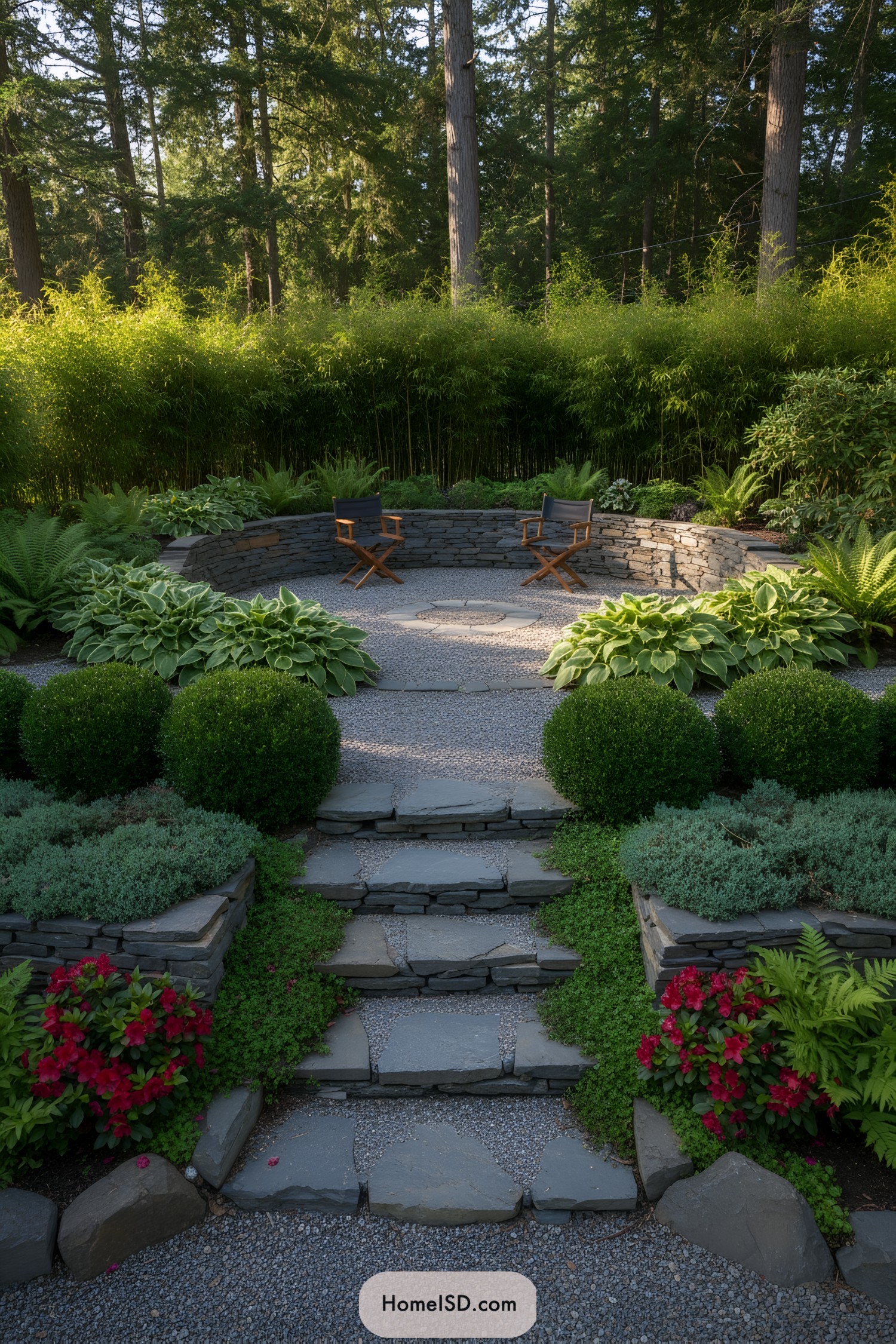 Tiered slate steps to curved gravel patio with hostas, ferns, boxwood, and bamboo screen