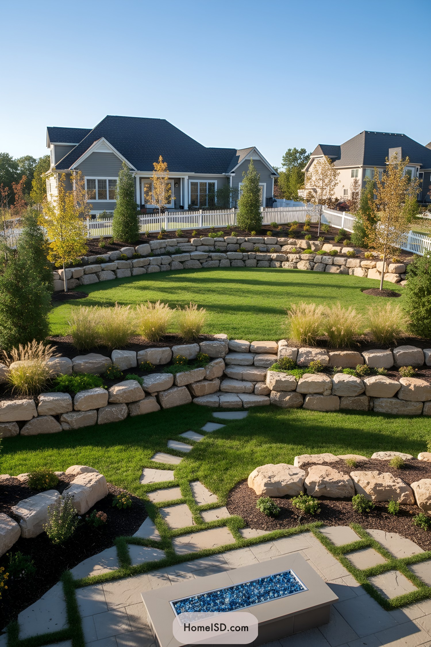 Tiered stone walls encircling a round lawn with stepping-stone path and modern fire feature