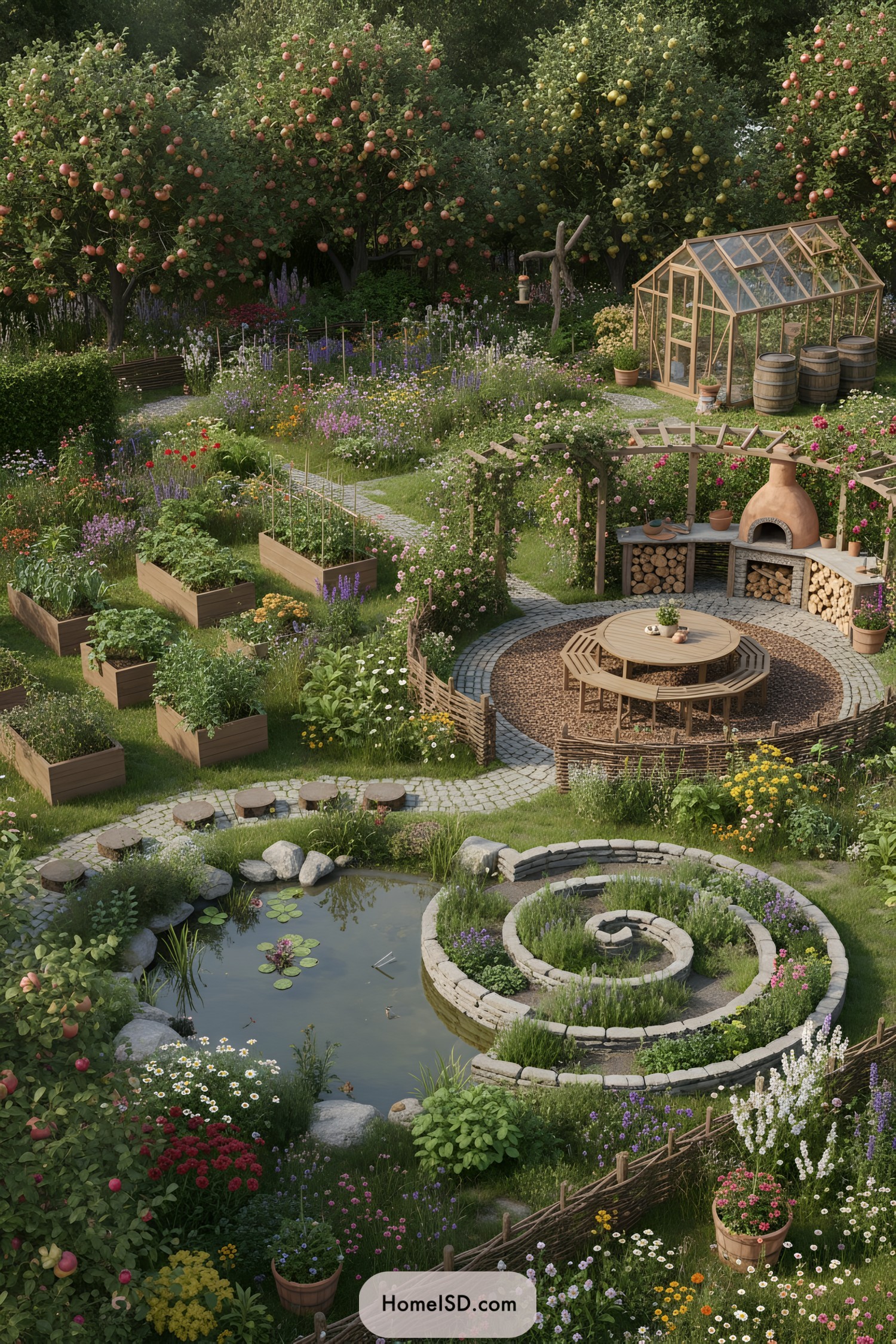 Ornamental garden with a small pond and greenhouse