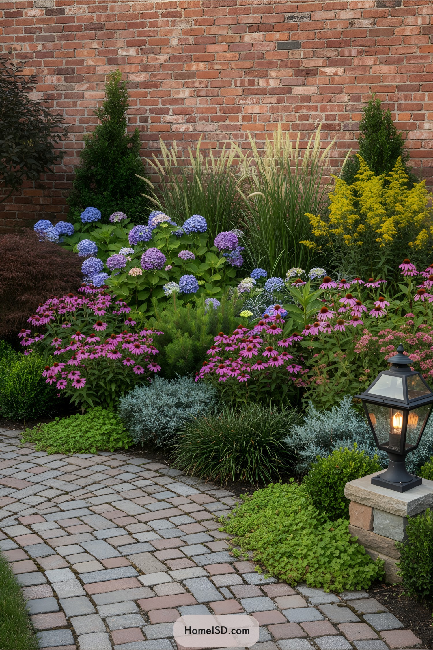 A vibrant garden with colorful flowers and a cobblestone path