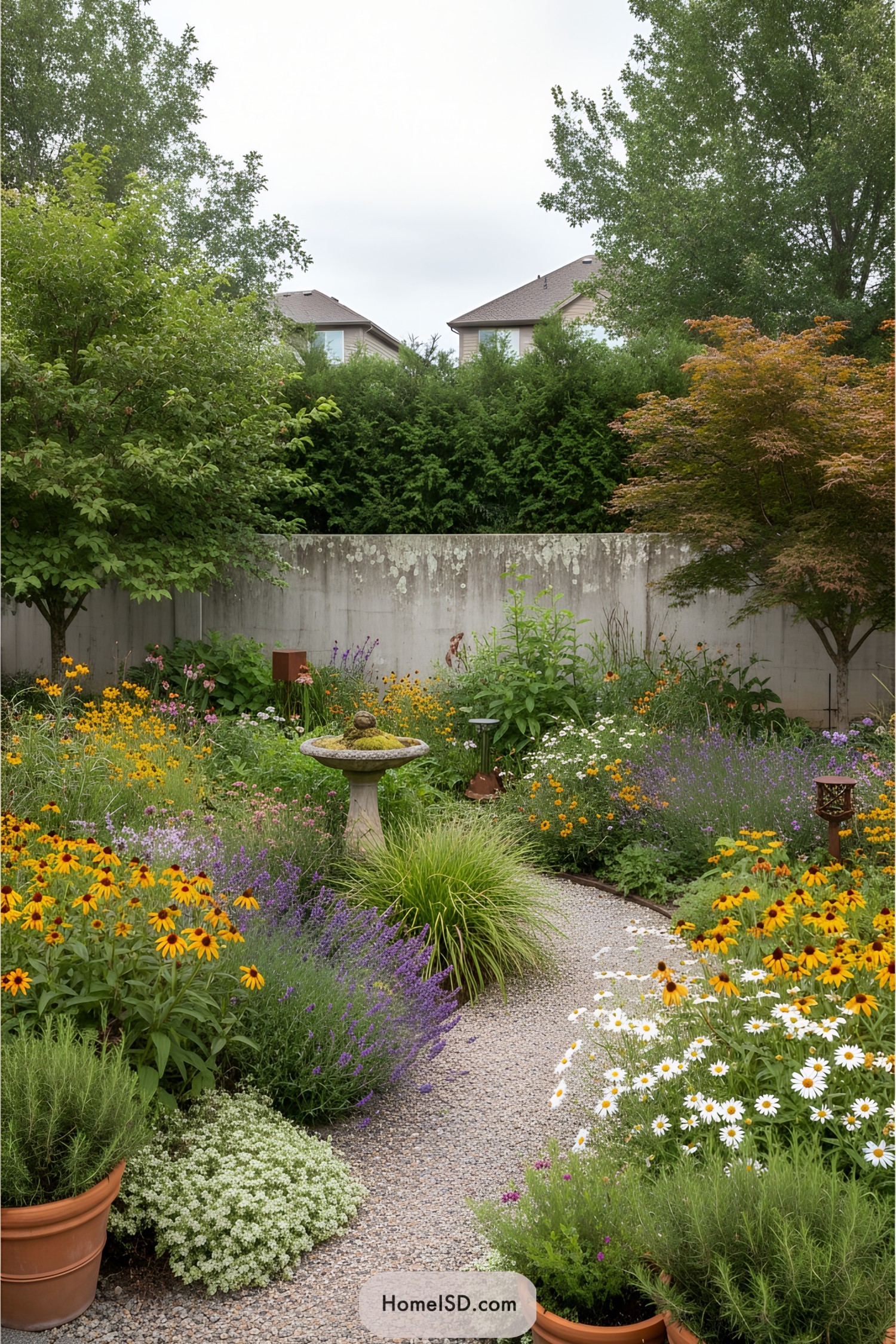 Lush garden path with colorful flowers and birdbath