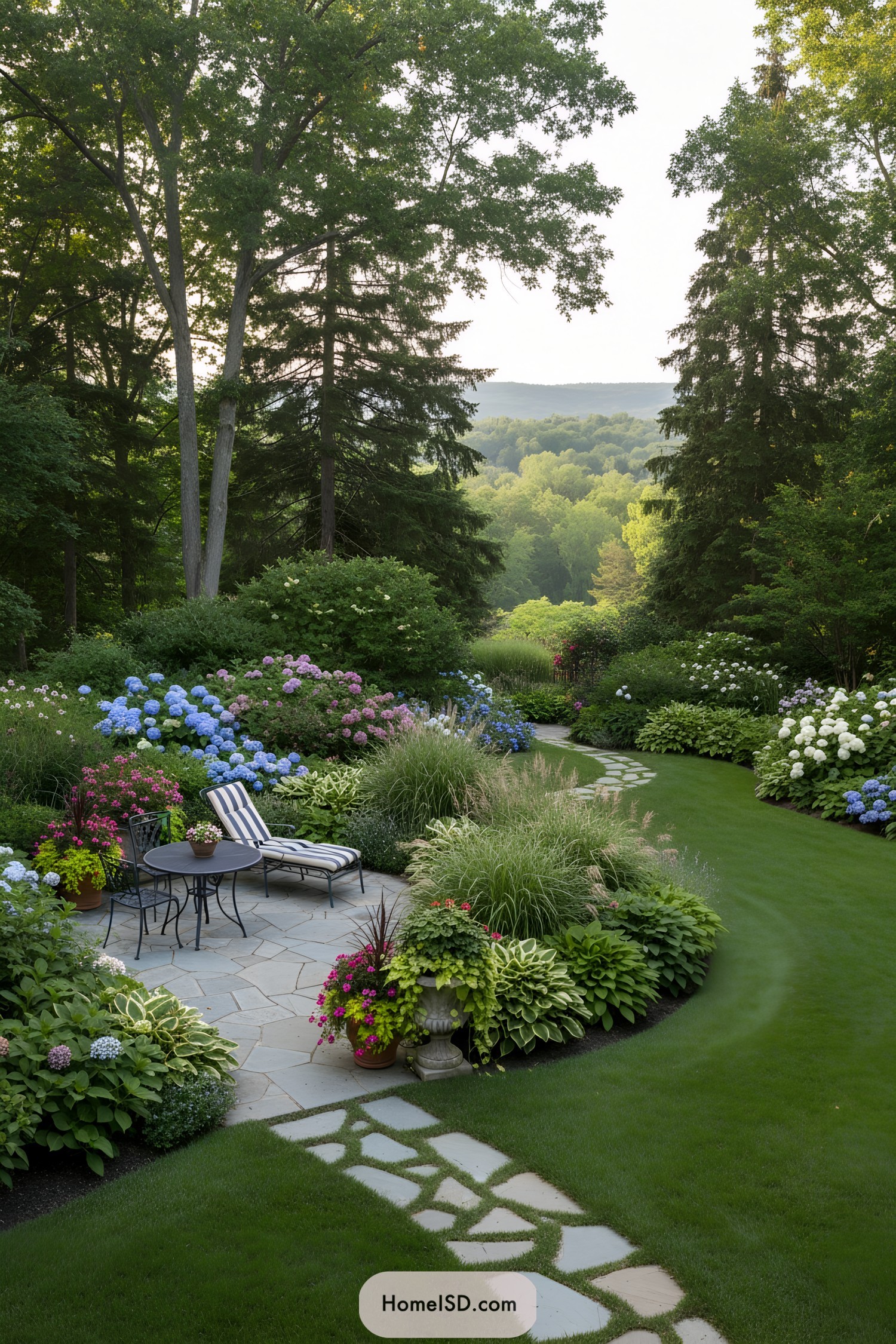 Lush garden with stone pathway and seating