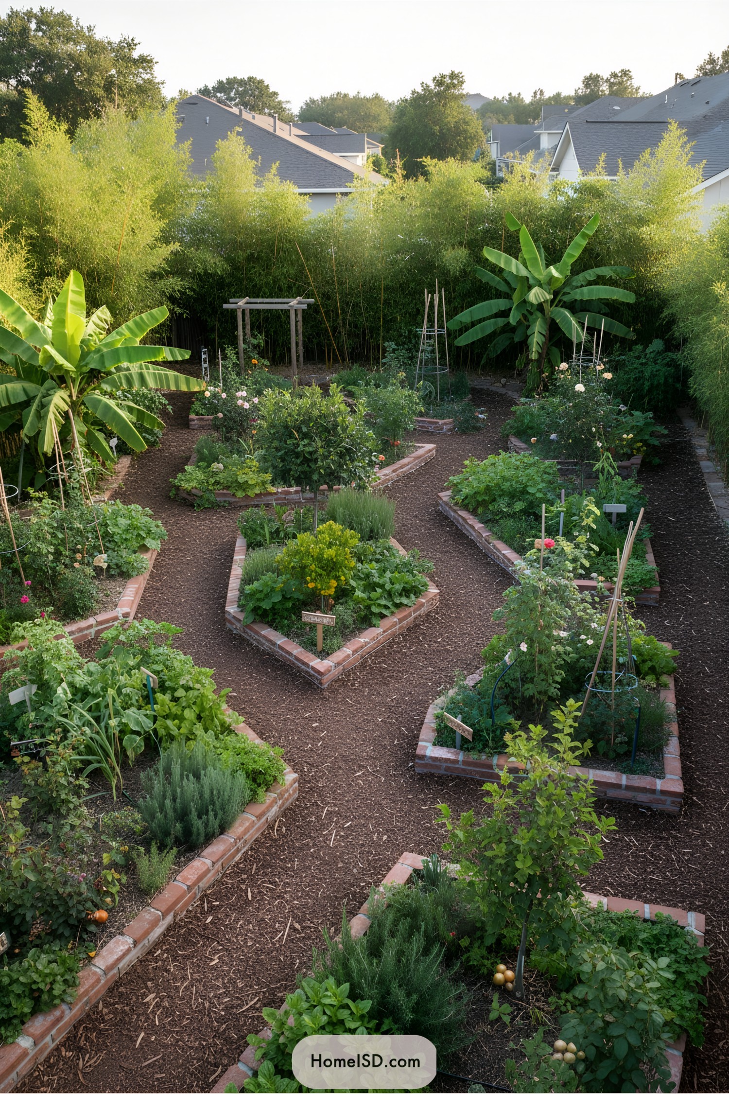 Lush garden with geometric pathways and vibrant plants