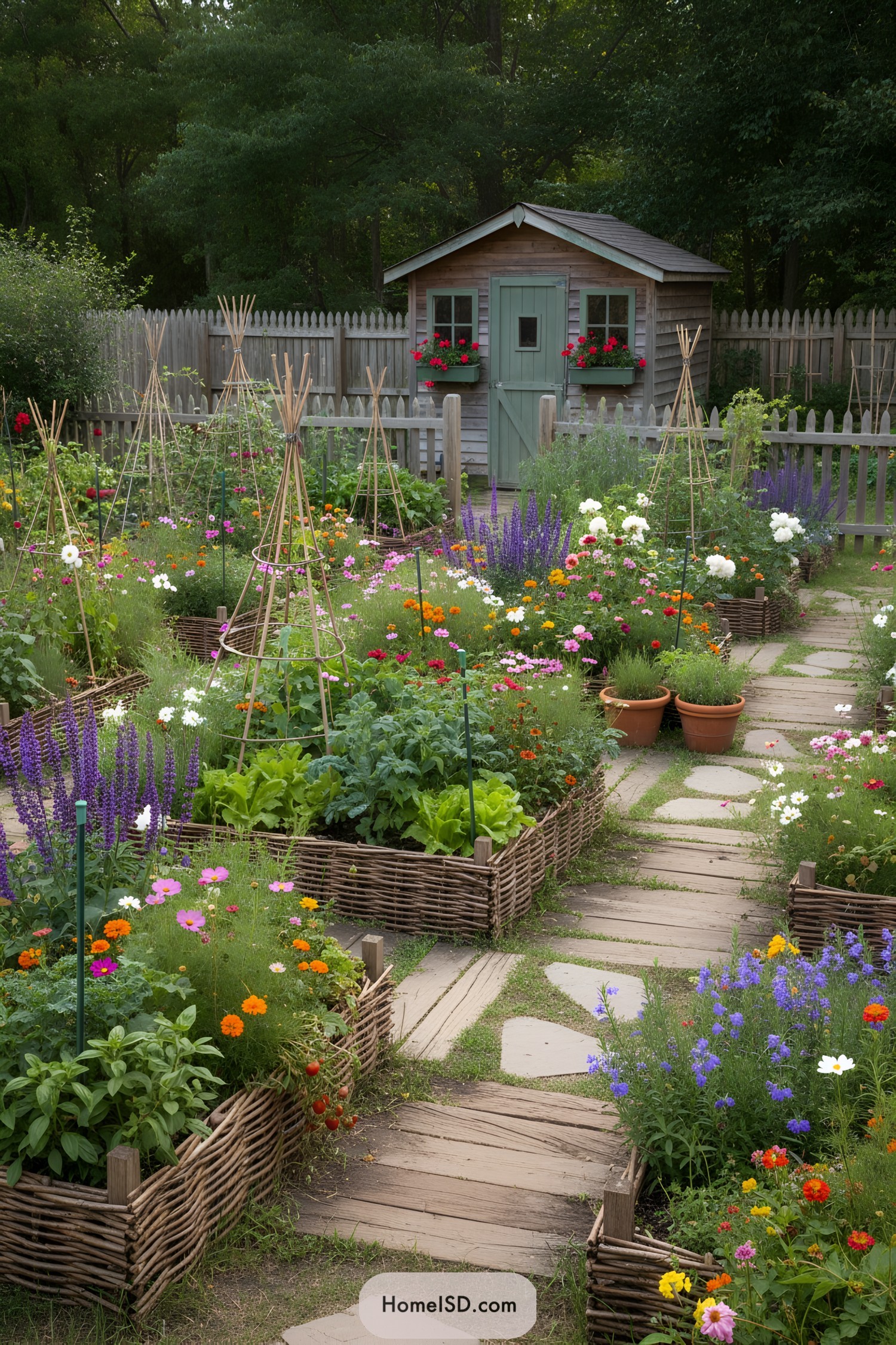 Colorful raised garden beds with a quaint shed